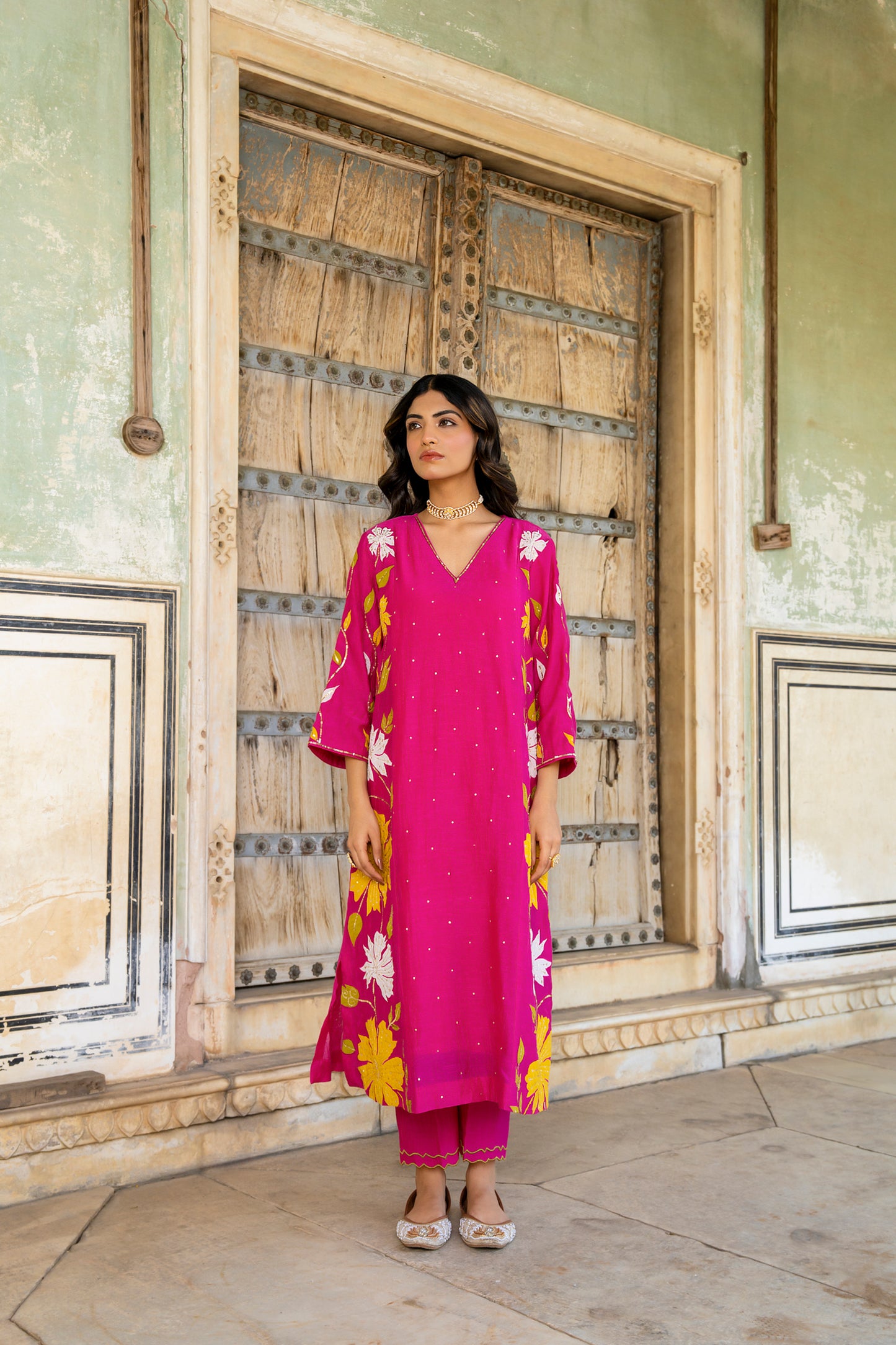 Light Pink Mul Chanderi set with Applique work