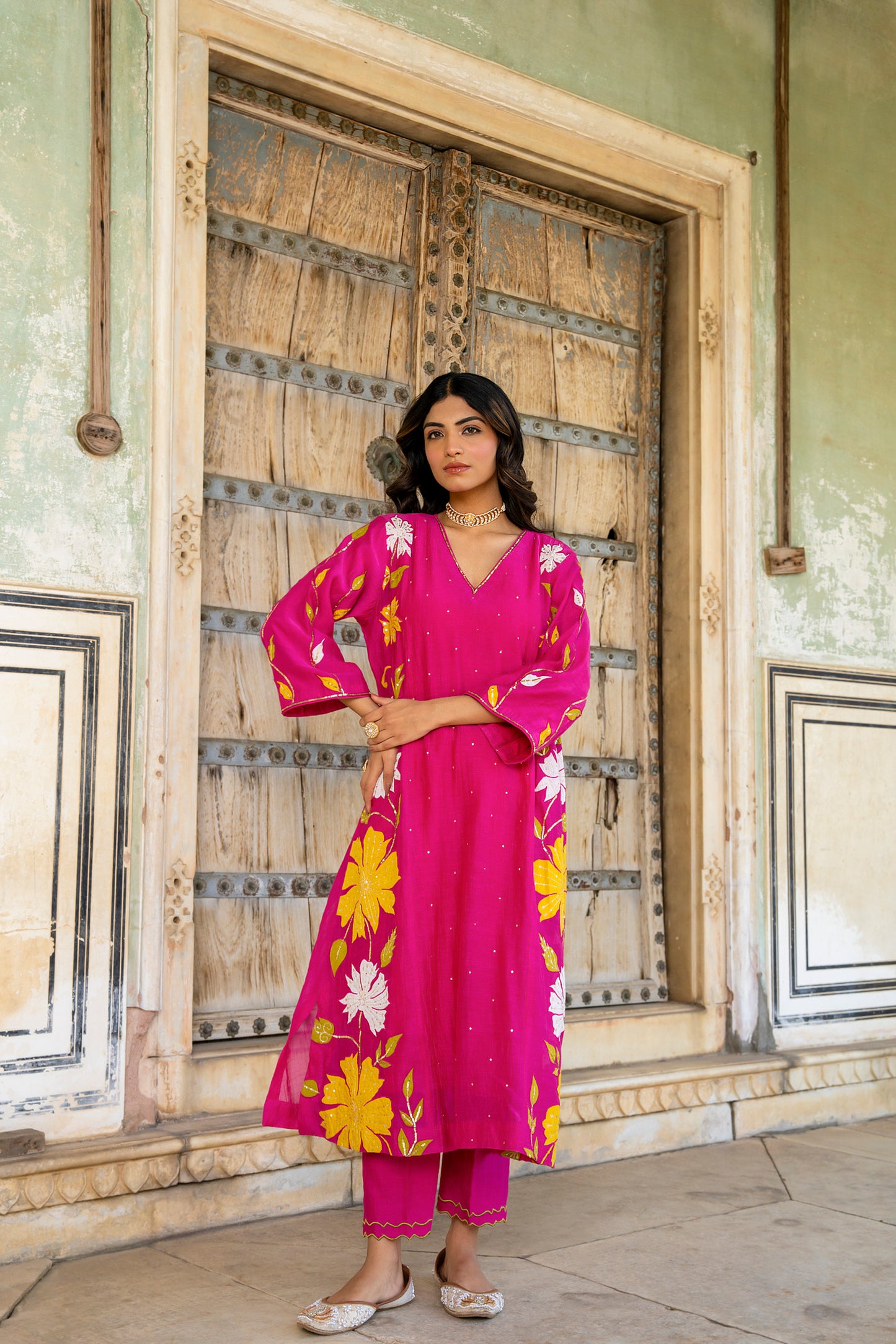 Light Pink Mul Chanderi set with Applique work