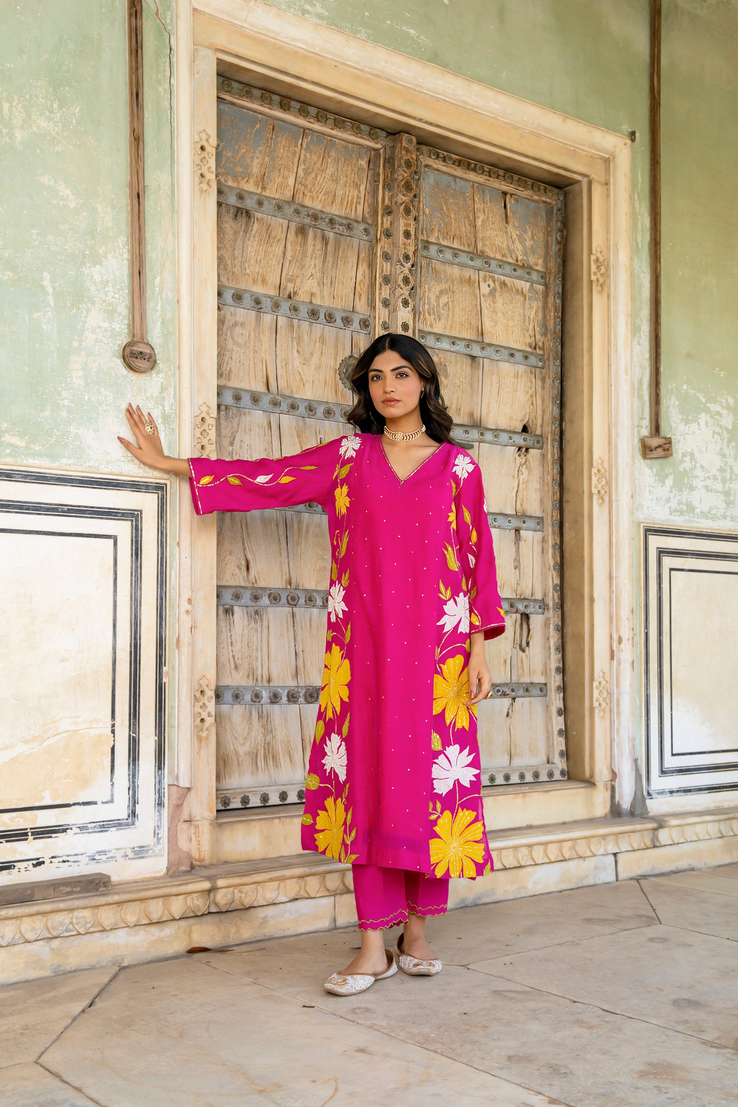 Light Pink Mul Chanderi set with Applique work