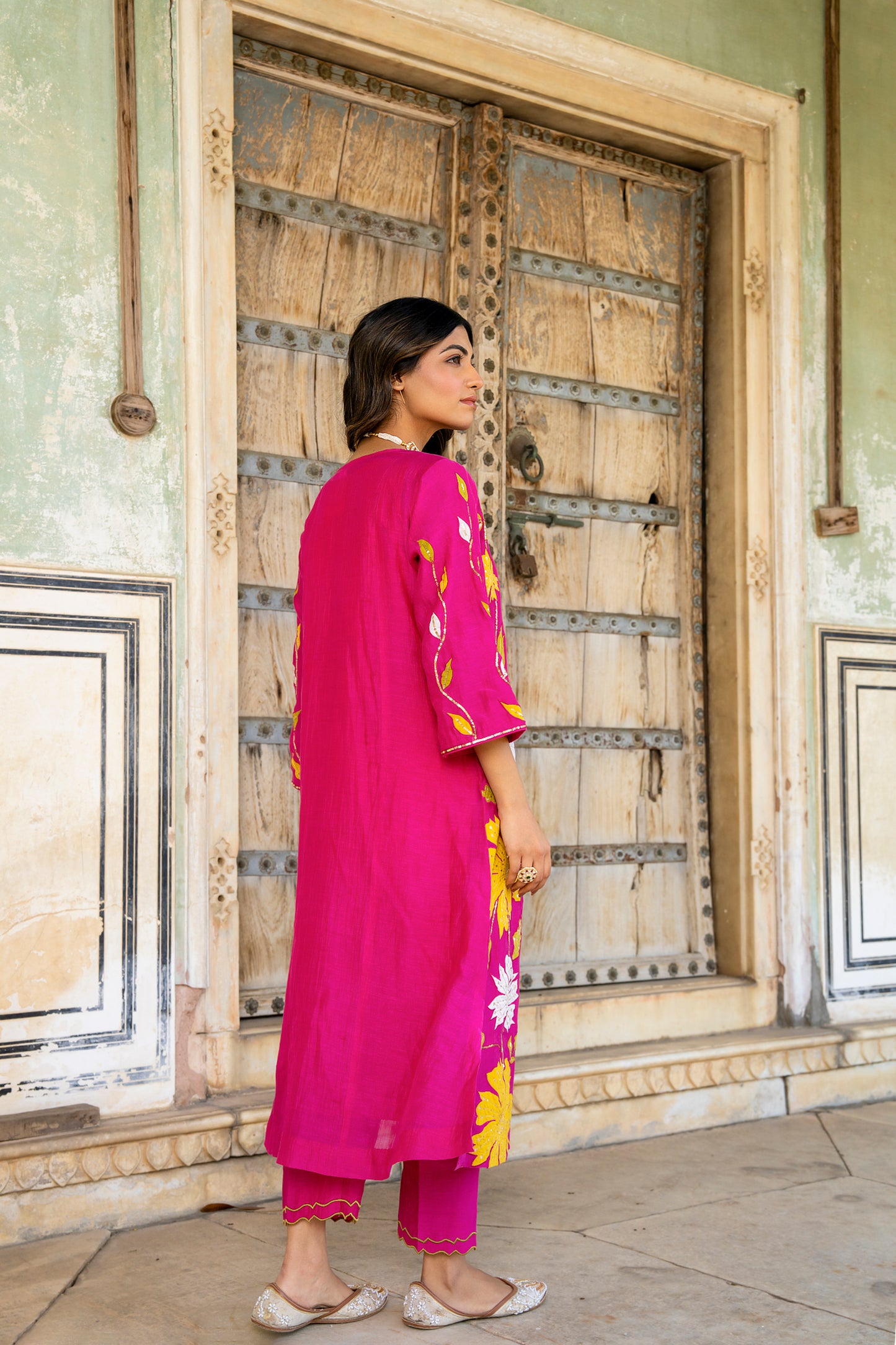 Light Pink Mul Chanderi set with Applique work