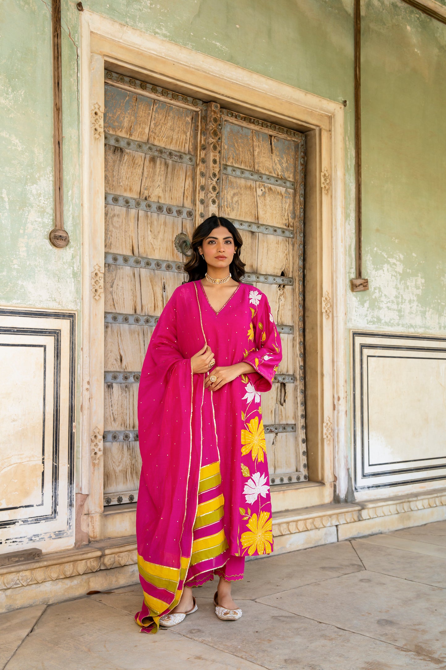 Light Pink Mul Chanderi set with Applique work