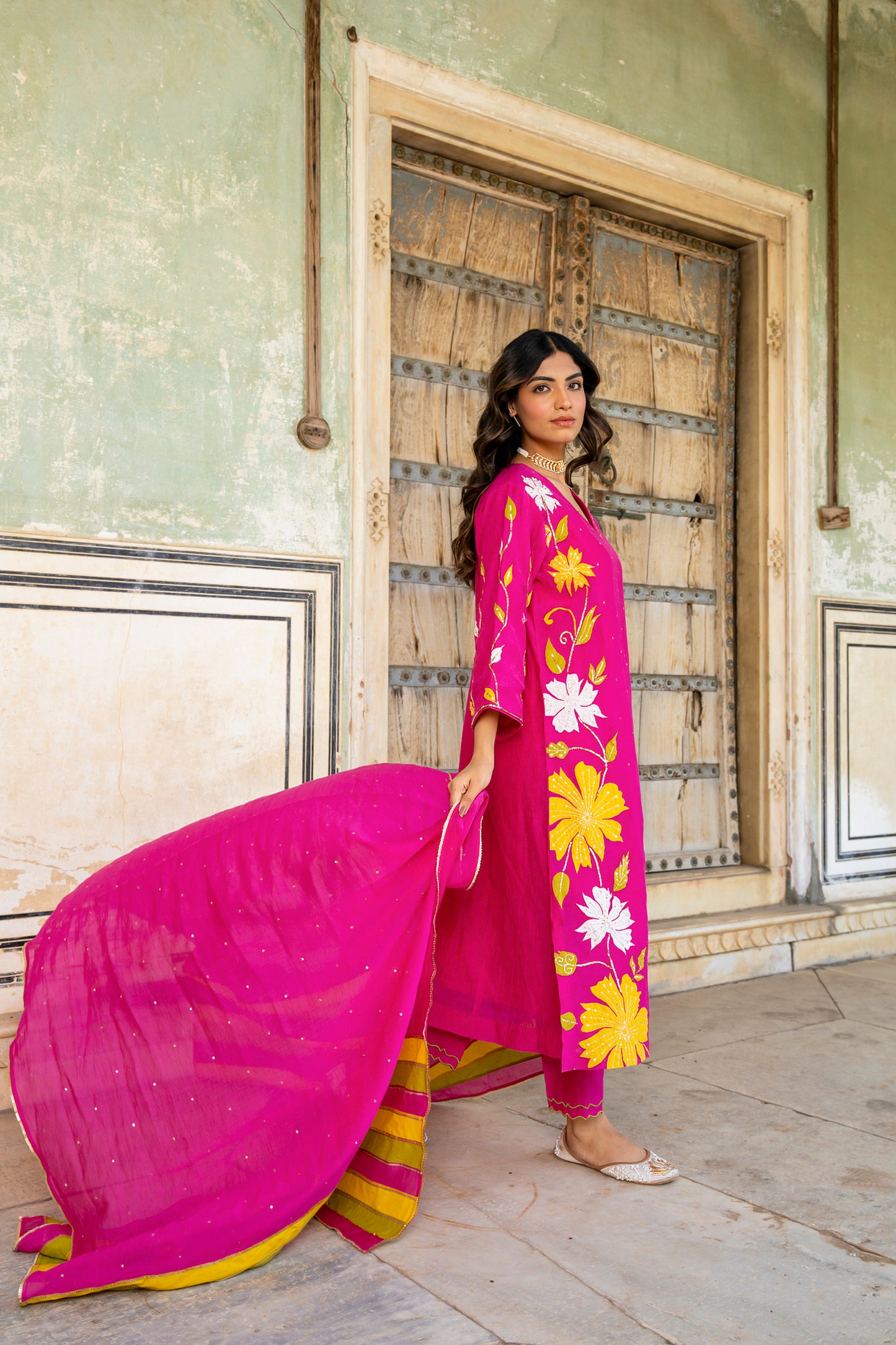 Light Pink Mul Chanderi set with Applique work