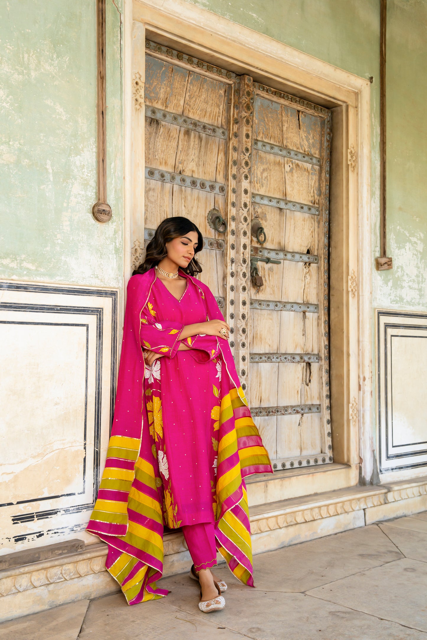 Light Pink Mul Chanderi set with Applique work