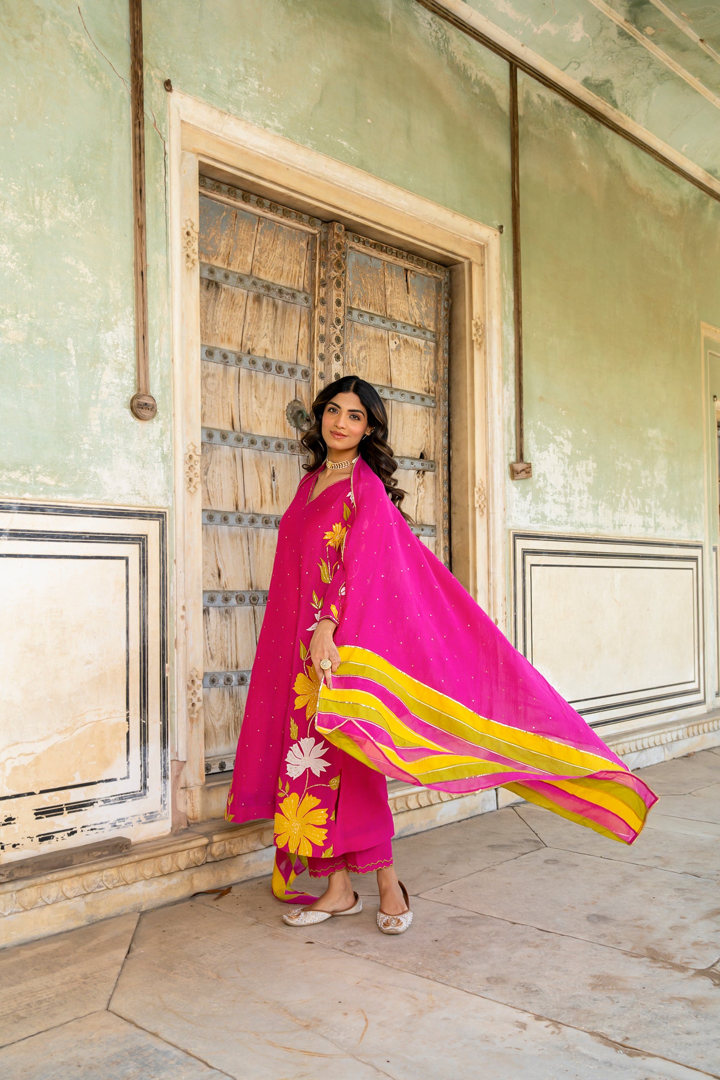 Light Pink Mul Chanderi set with Applique work