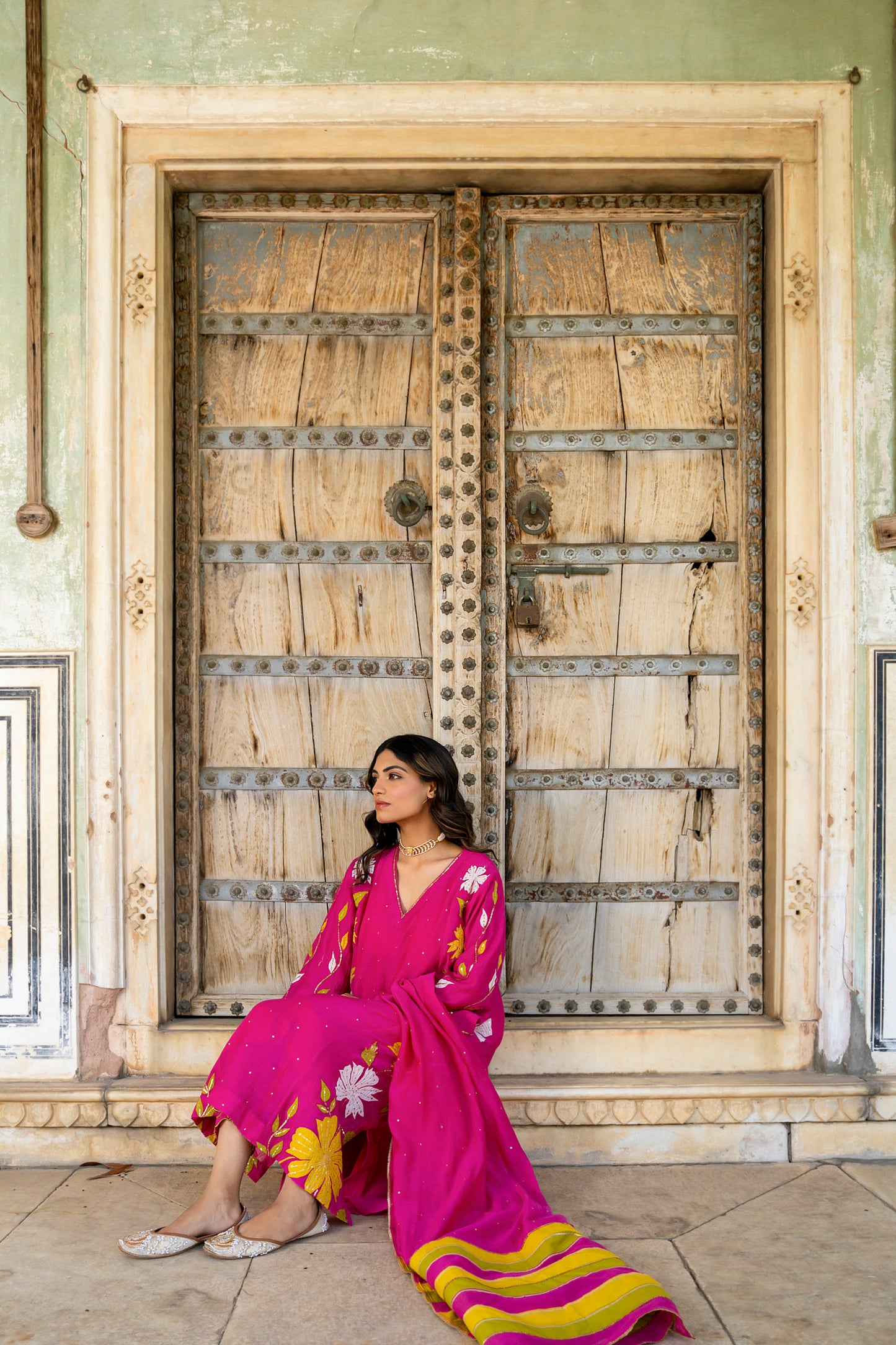 Light Pink Mul Chanderi set with Applique work