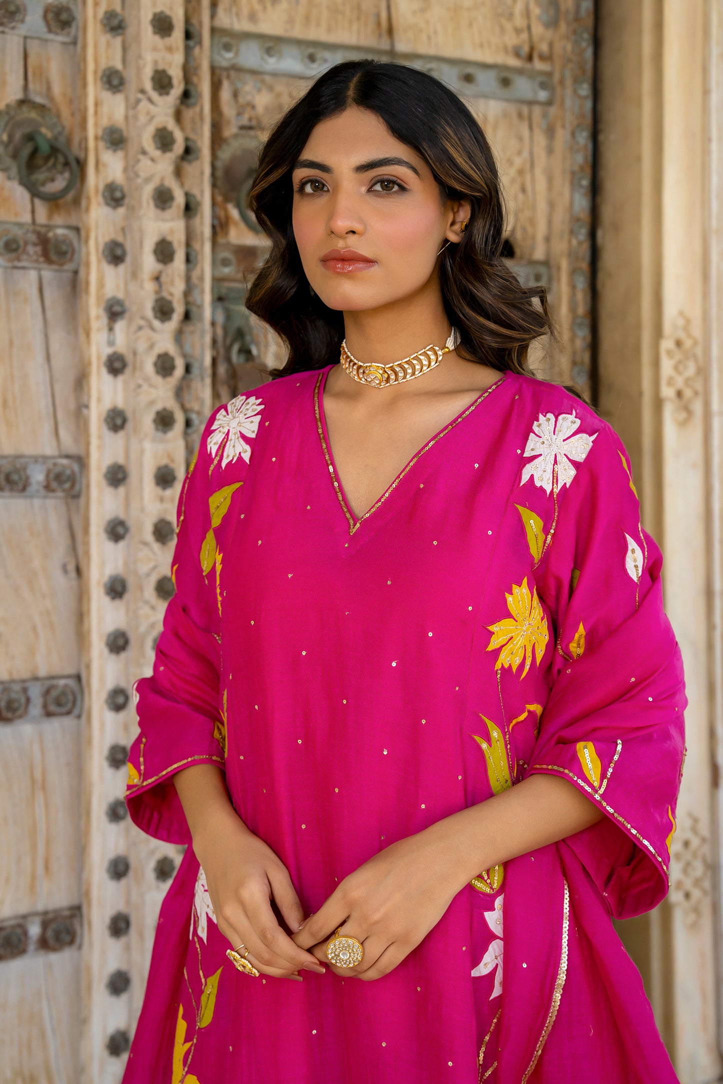 Light Pink Mul Chanderi set with Applique work