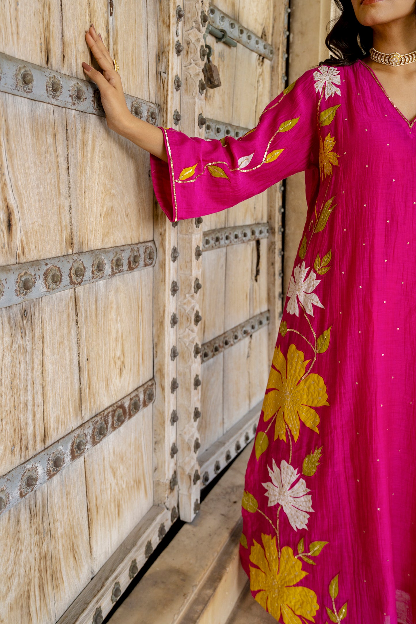 Light Pink Mul Chanderi set with Applique work