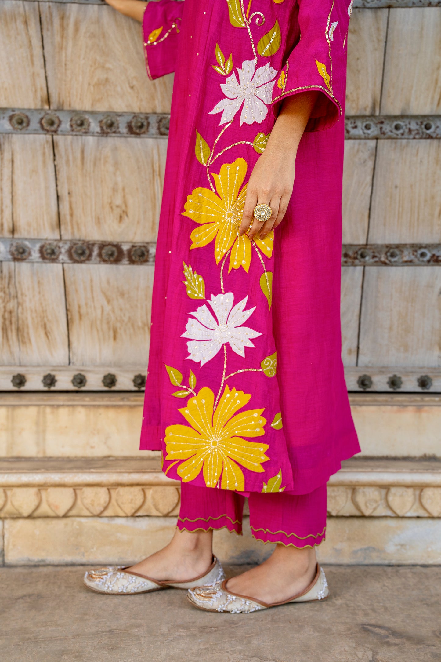 Light Pink Mul Chanderi set with Applique work