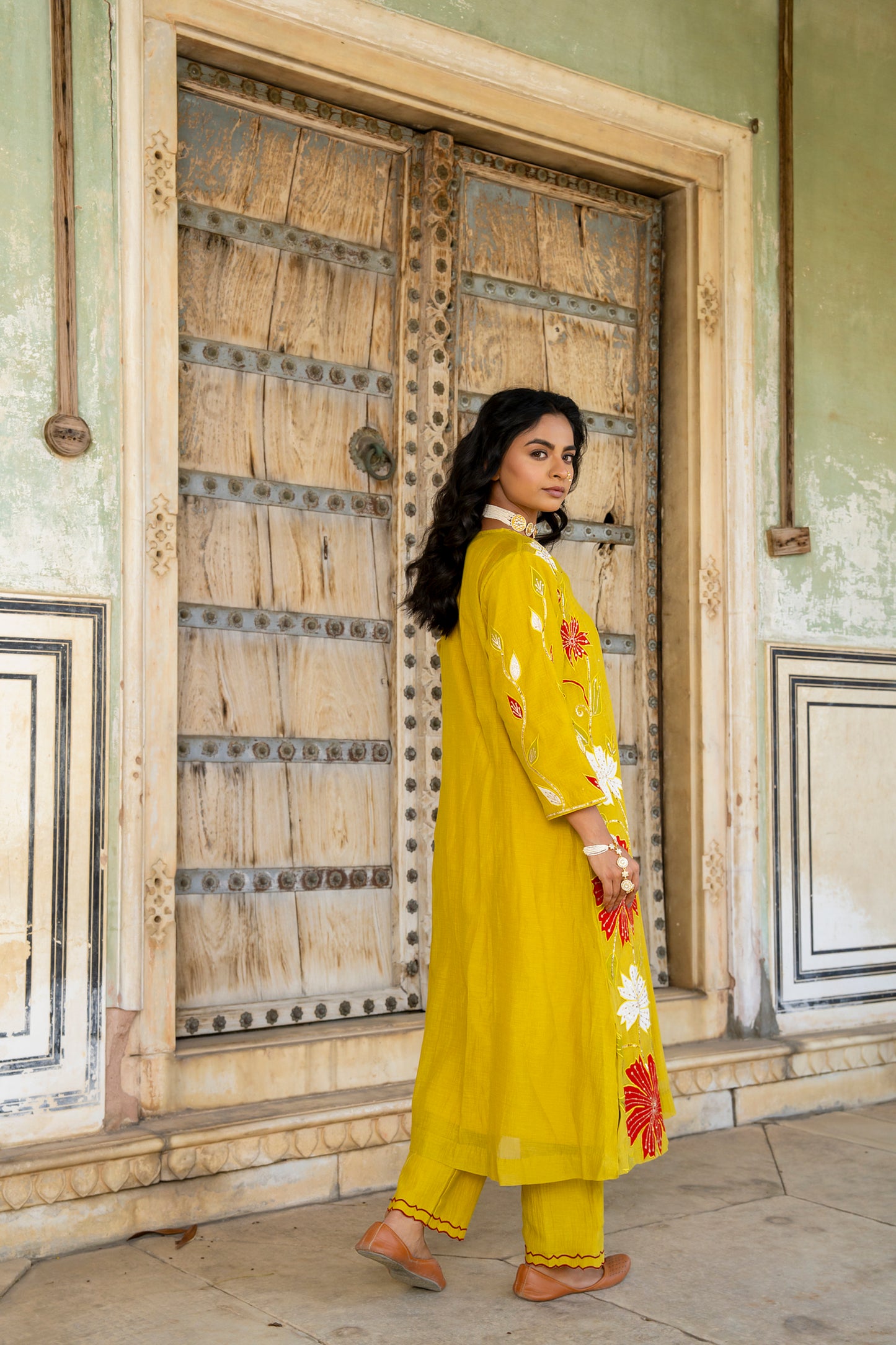 Yellow Mul Chanderi set with Applique work