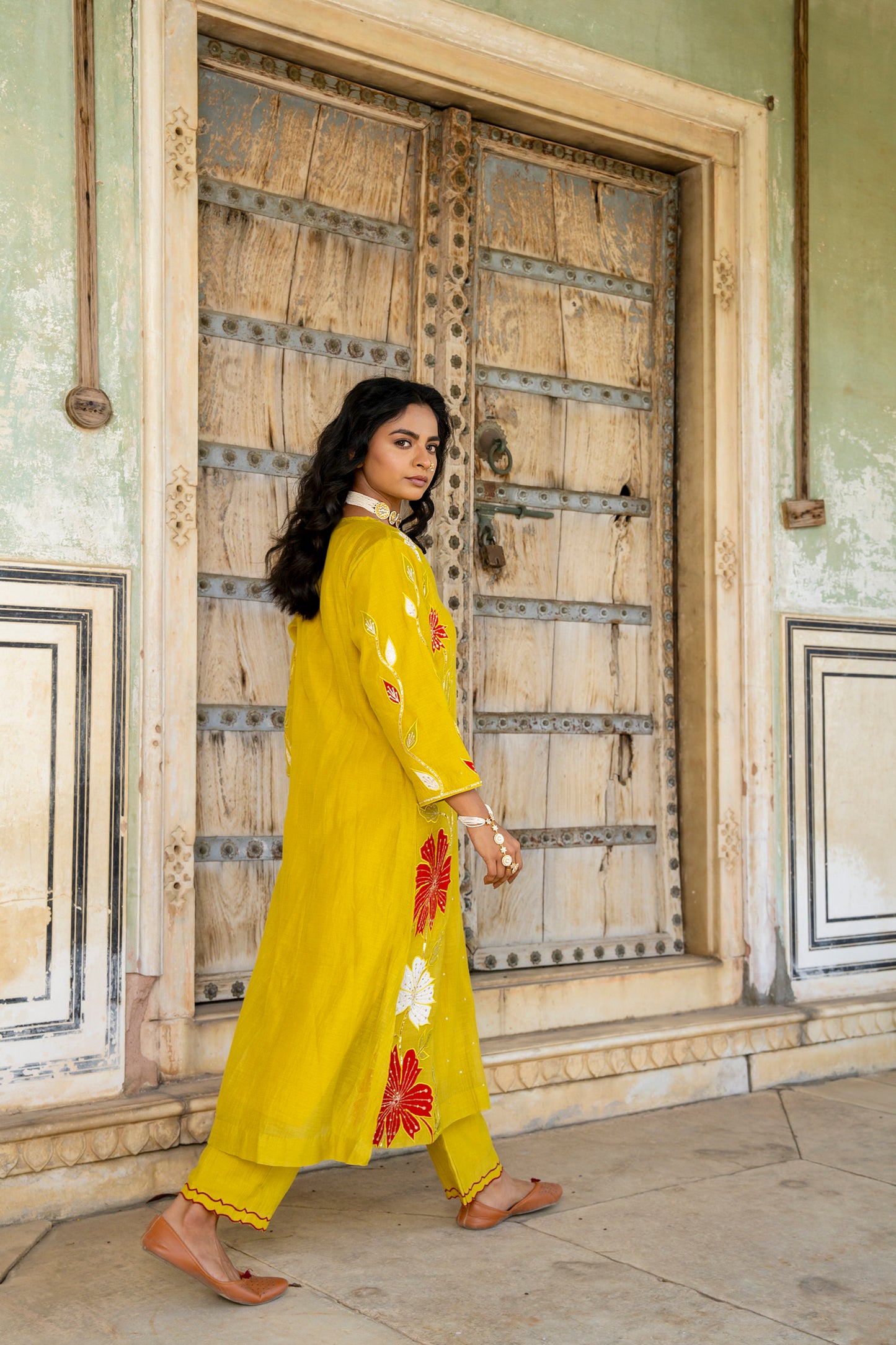 Yellow Mul Chanderi set with Applique work