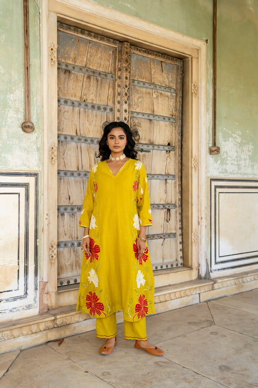 Yellow Mul Chanderi set with Applique work