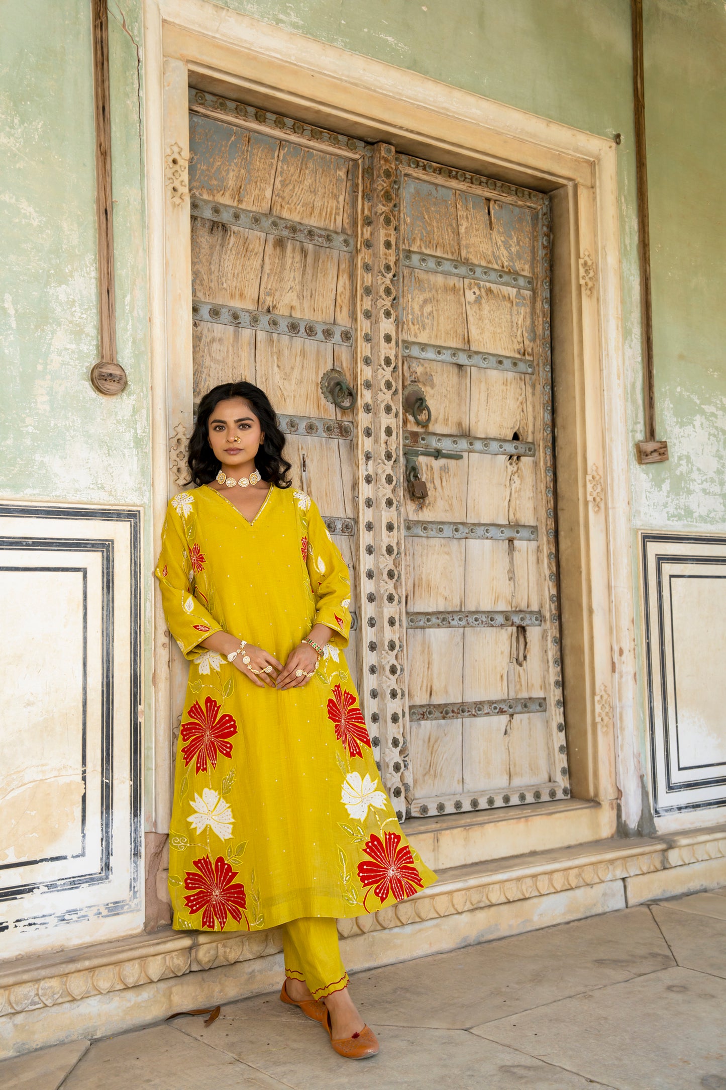 Yellow Mul Chanderi set with Applique work