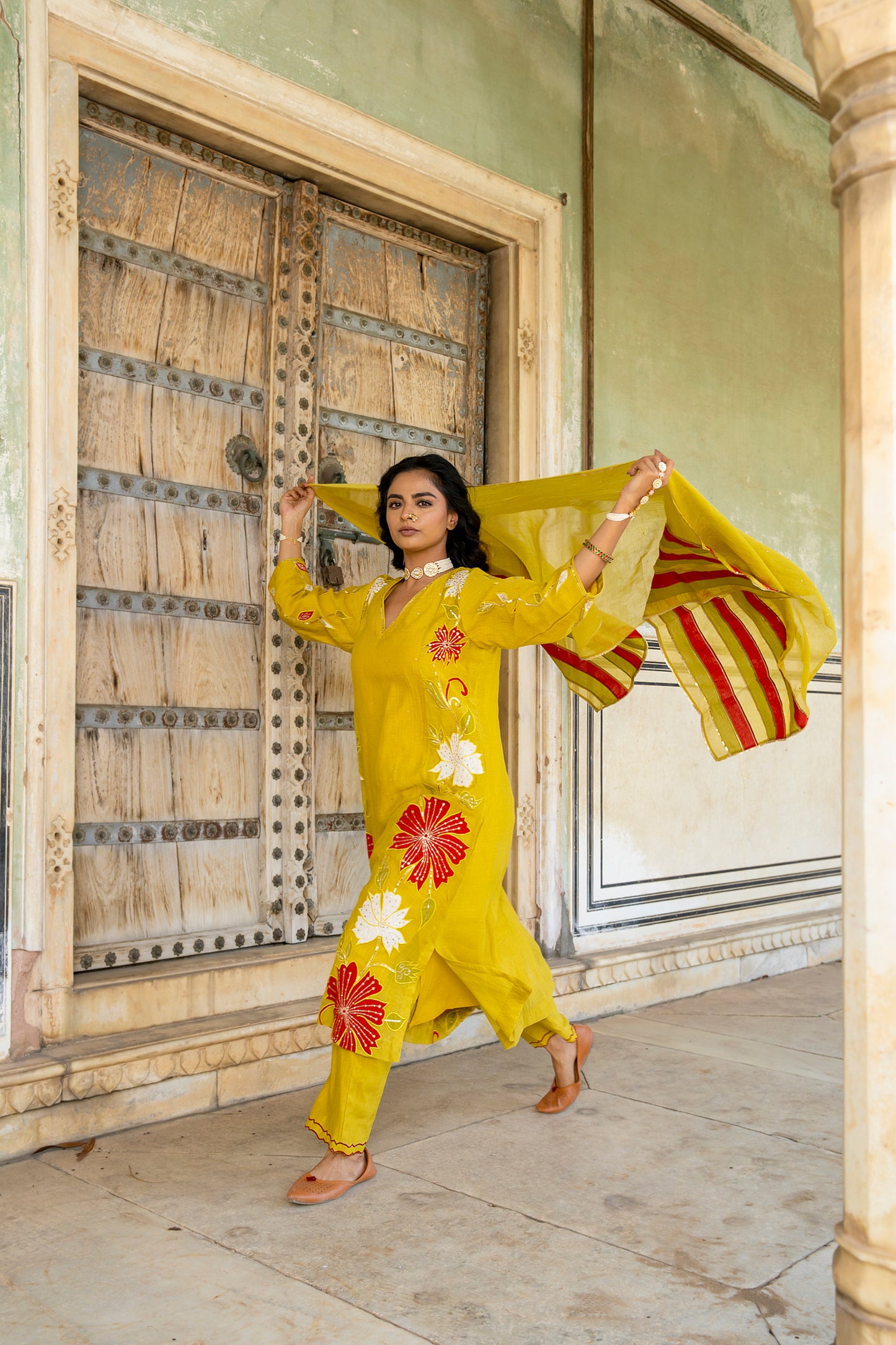 Yellow Mul Chanderi set with Applique work