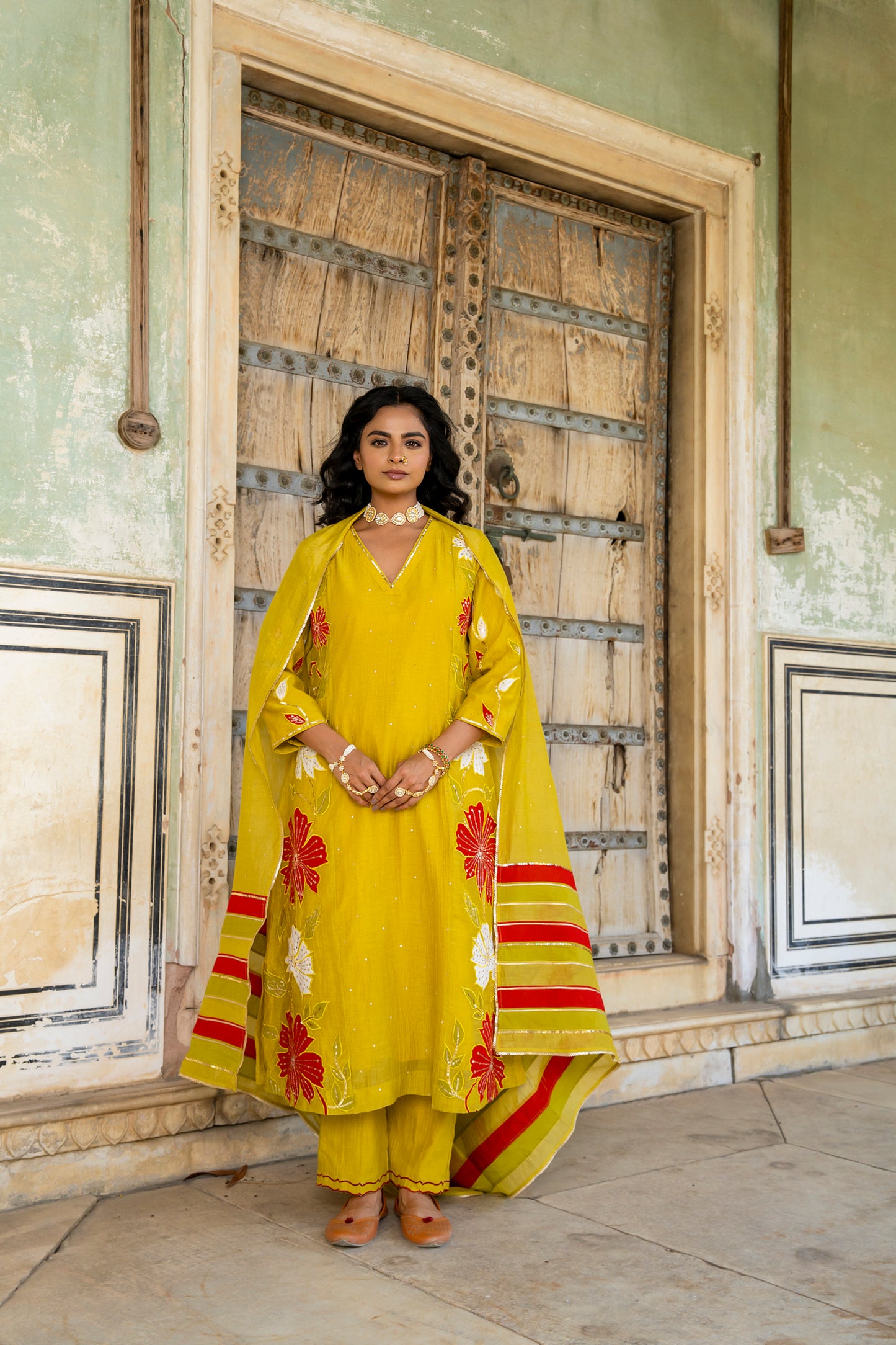 Yellow Mul Chanderi set with Applique work