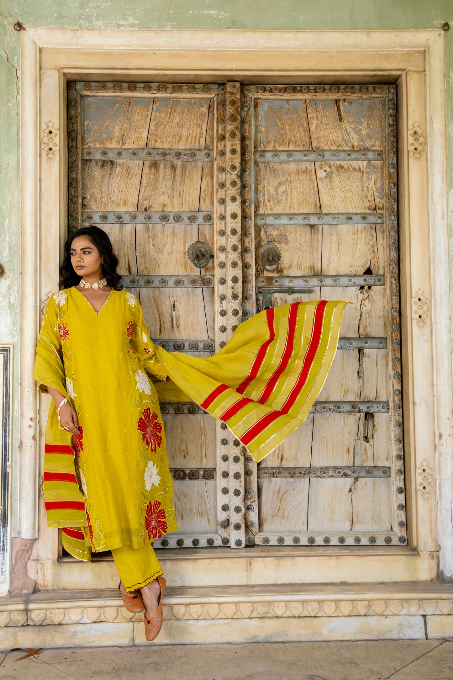 Yellow Mul Chanderi set with Applique work