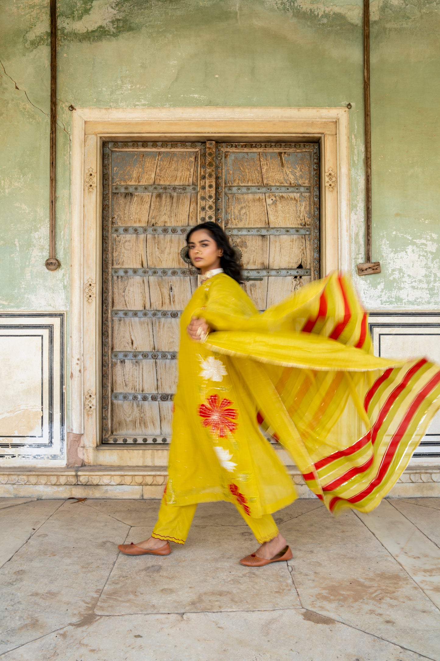 Yellow Mul Chanderi set with Applique work