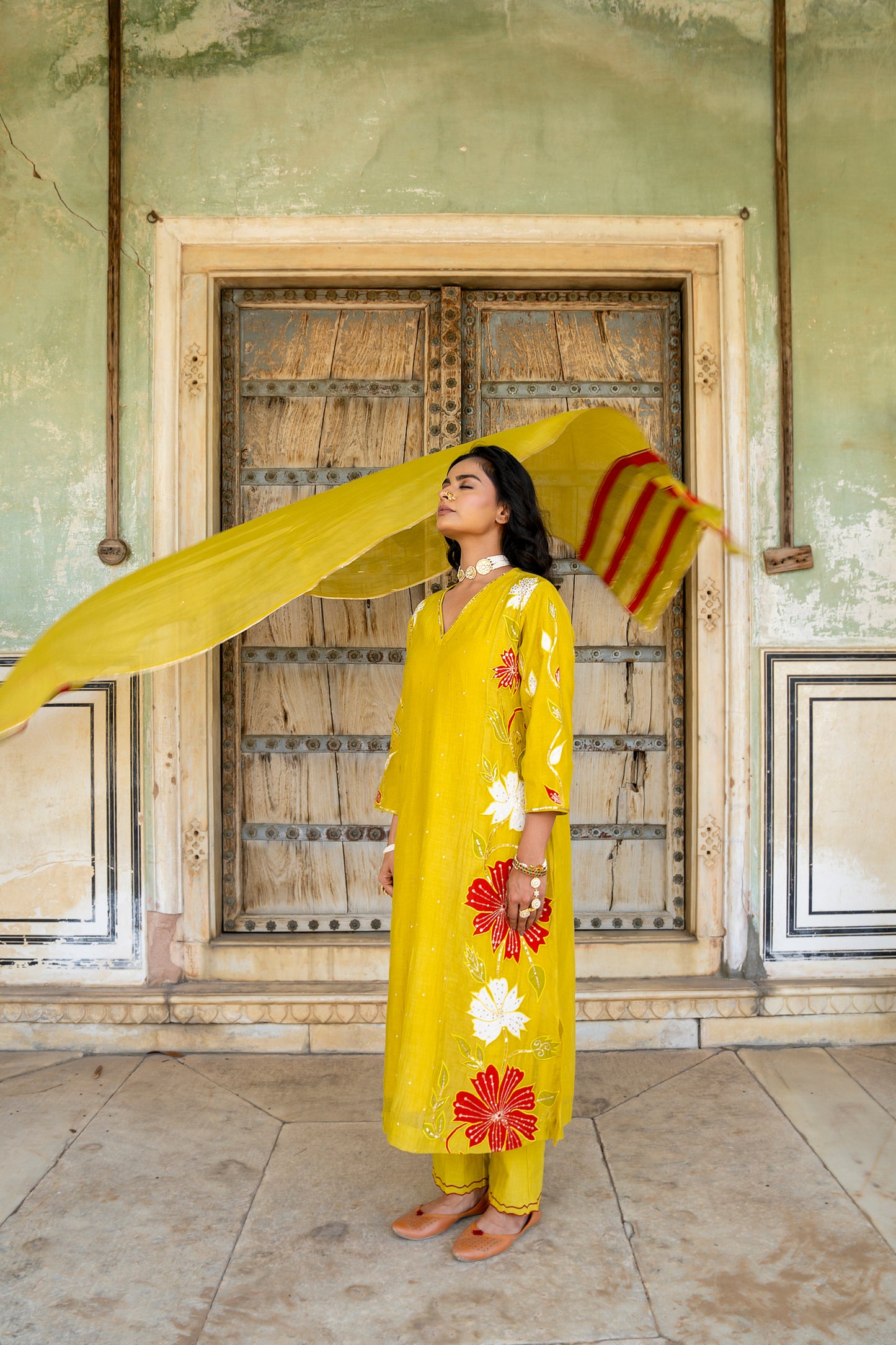 Yellow Mul Chanderi set with Applique work
