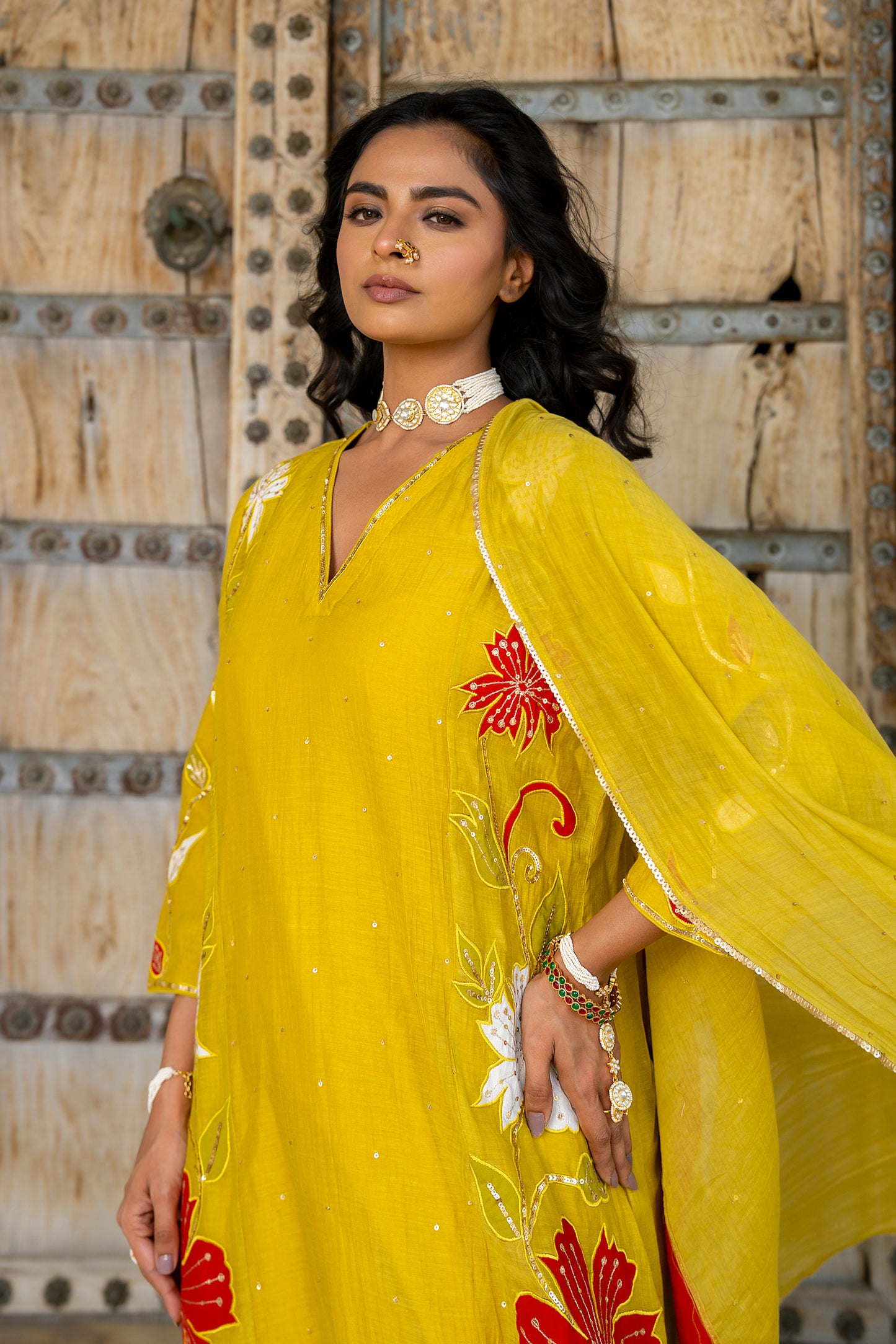 Yellow Mul Chanderi set with Applique work