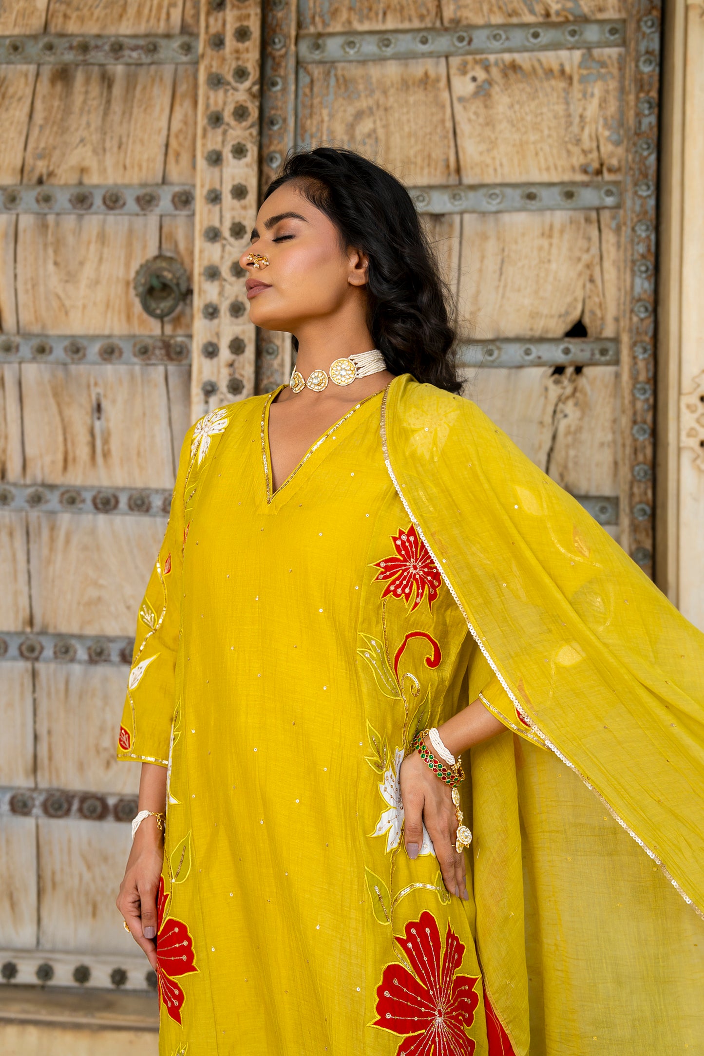 Yellow Mul Chanderi set with Applique work