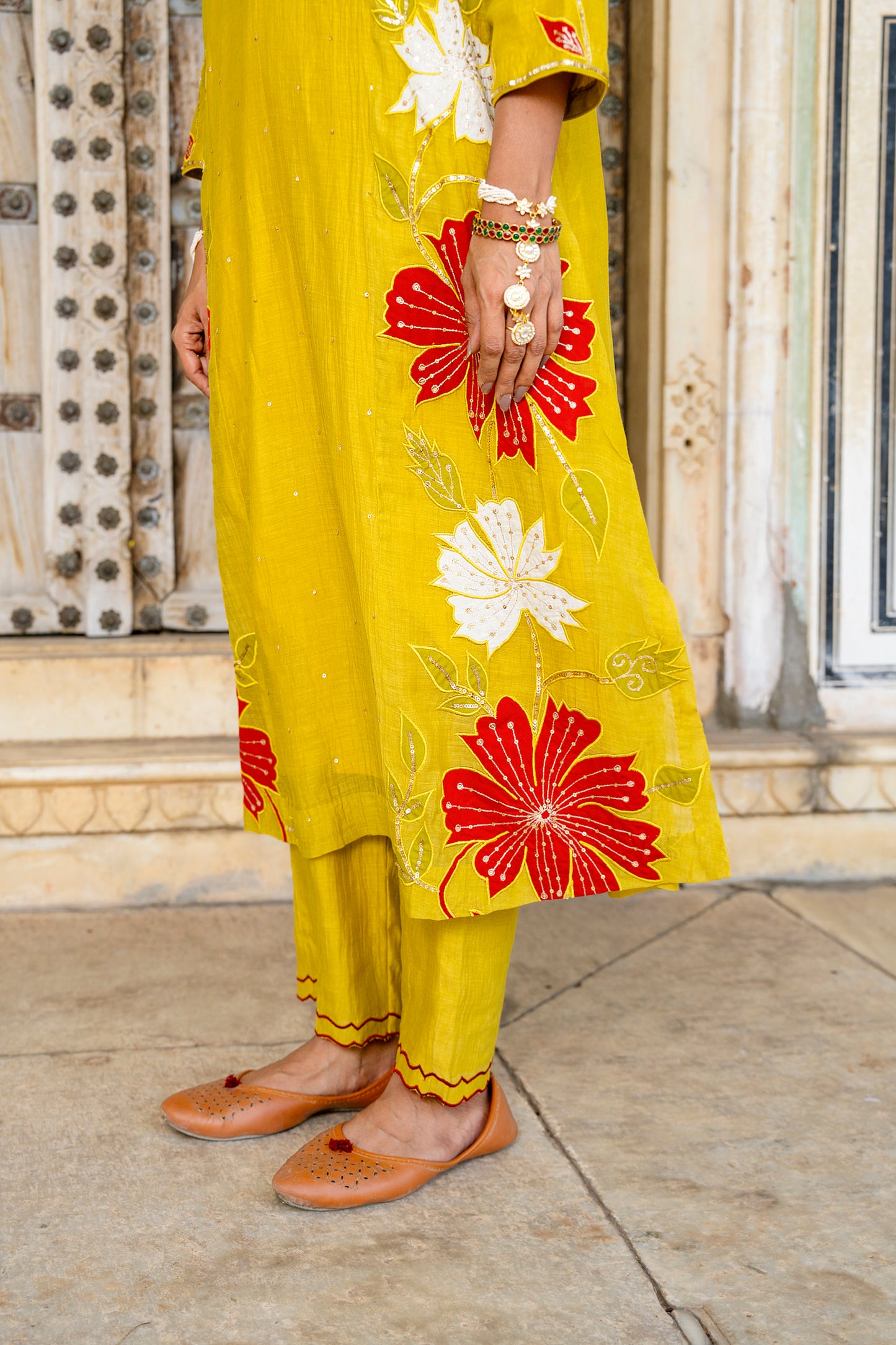 Yellow Mul Chanderi set with Applique work