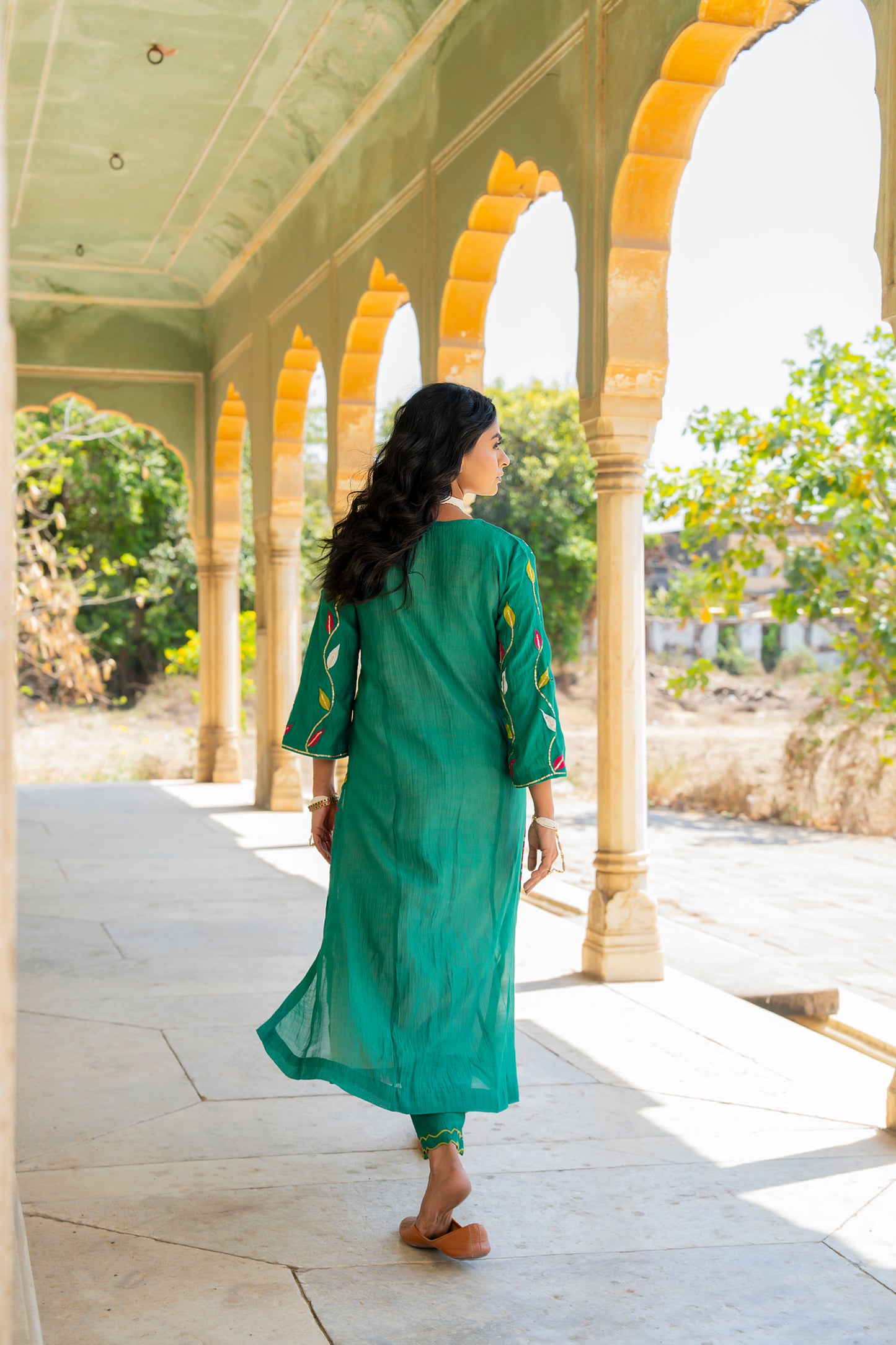 Green Mul Chanderi set with Applique work