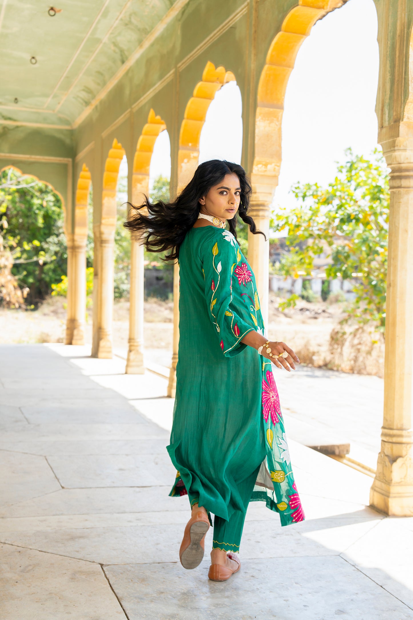 Green Mul Chanderi set with Applique work