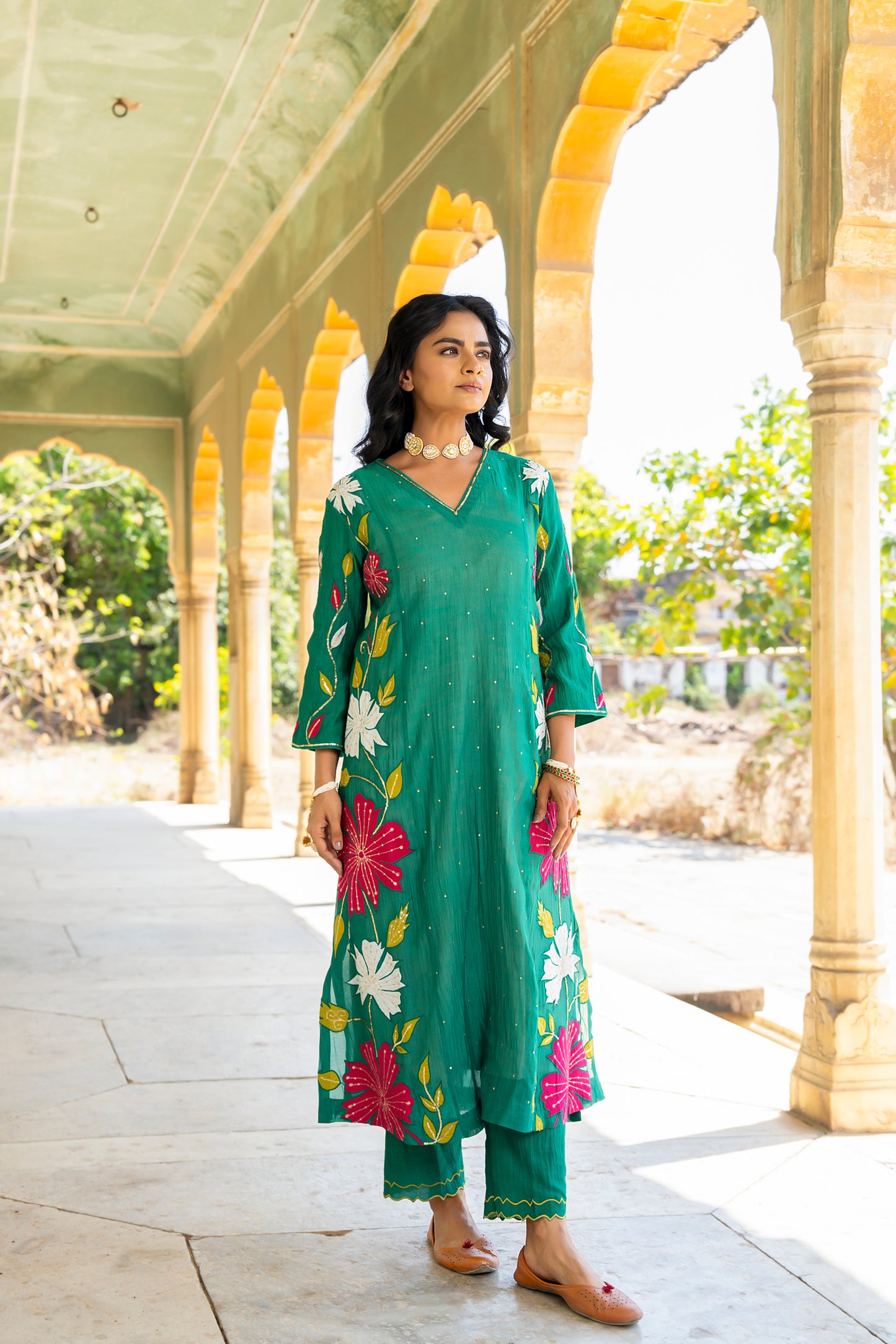 Green Mul Chanderi set with Applique work