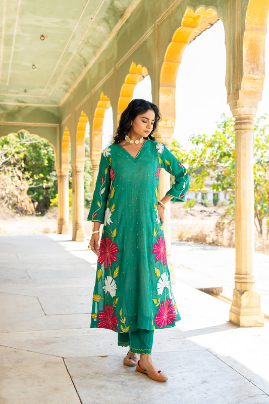 Green Mul Chanderi set with Applique work