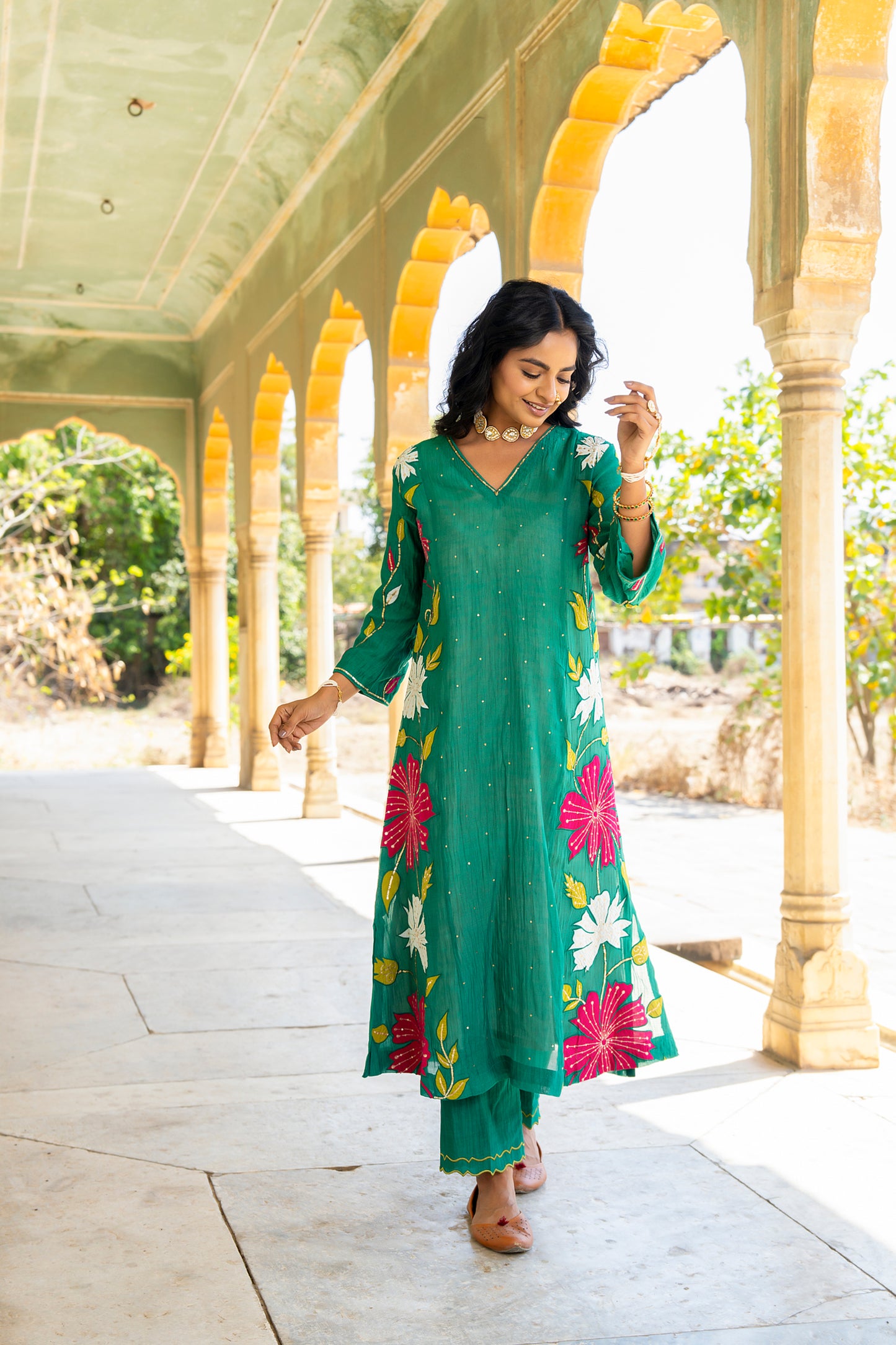 Green Mul Chanderi set with Applique work