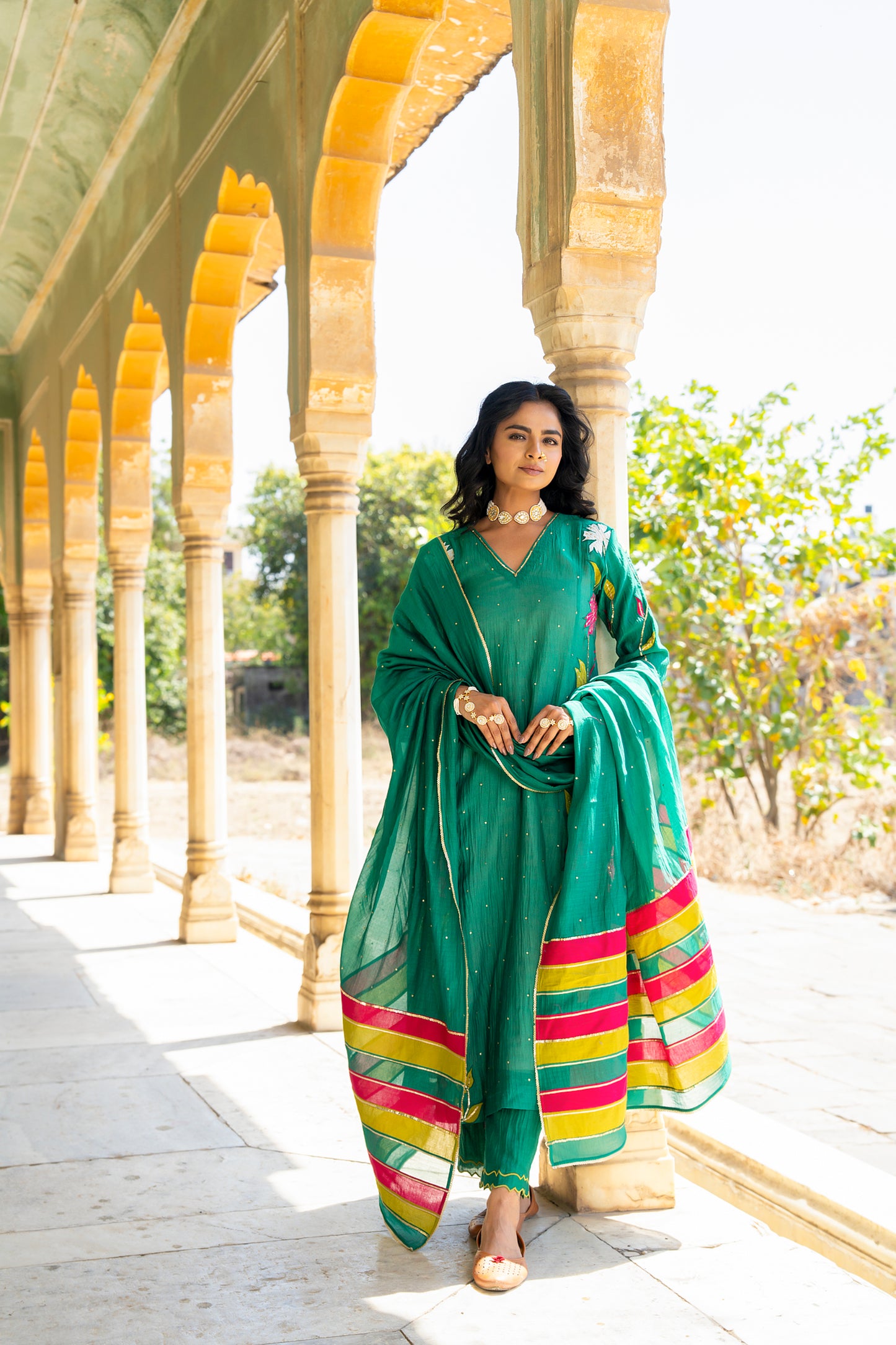 Green Mul Chanderi set with Applique work