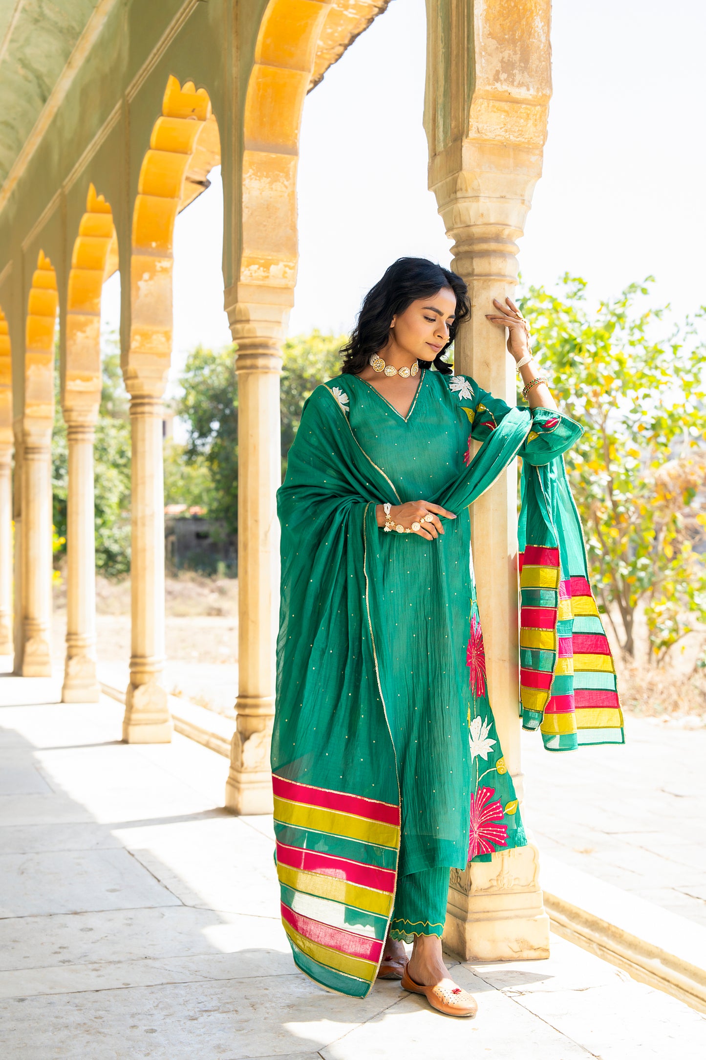 Green Mul Chanderi set with Applique work