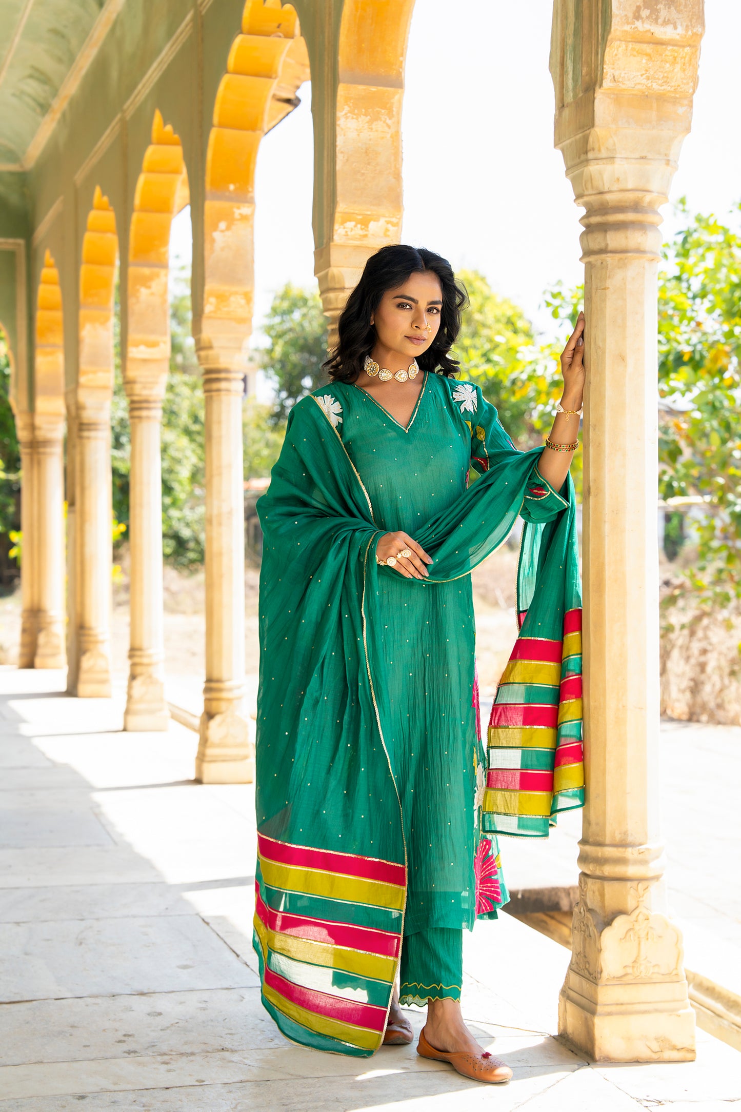 Green Mul Chanderi set with Applique work
