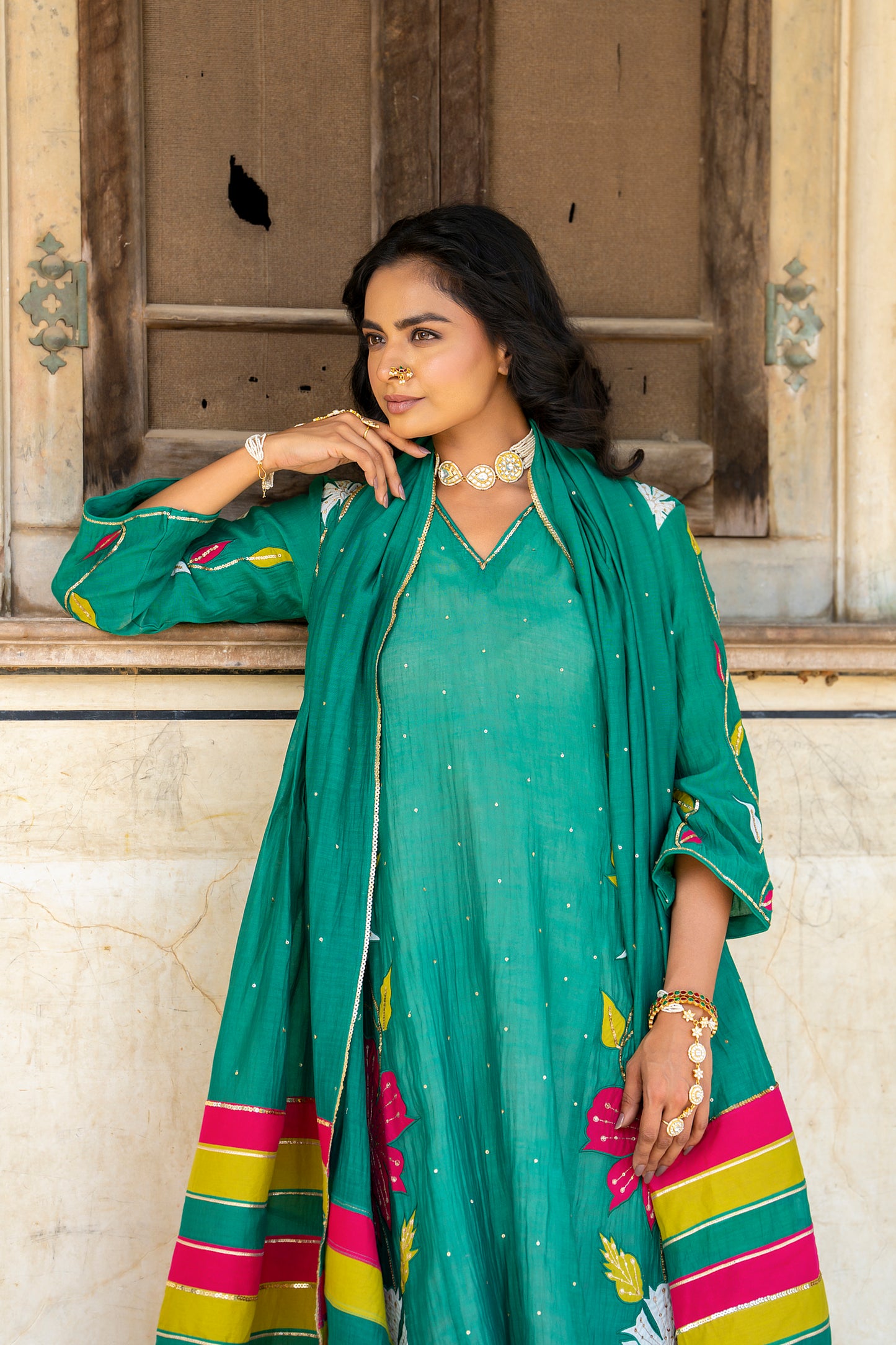 Green Mul Chanderi set with Applique work