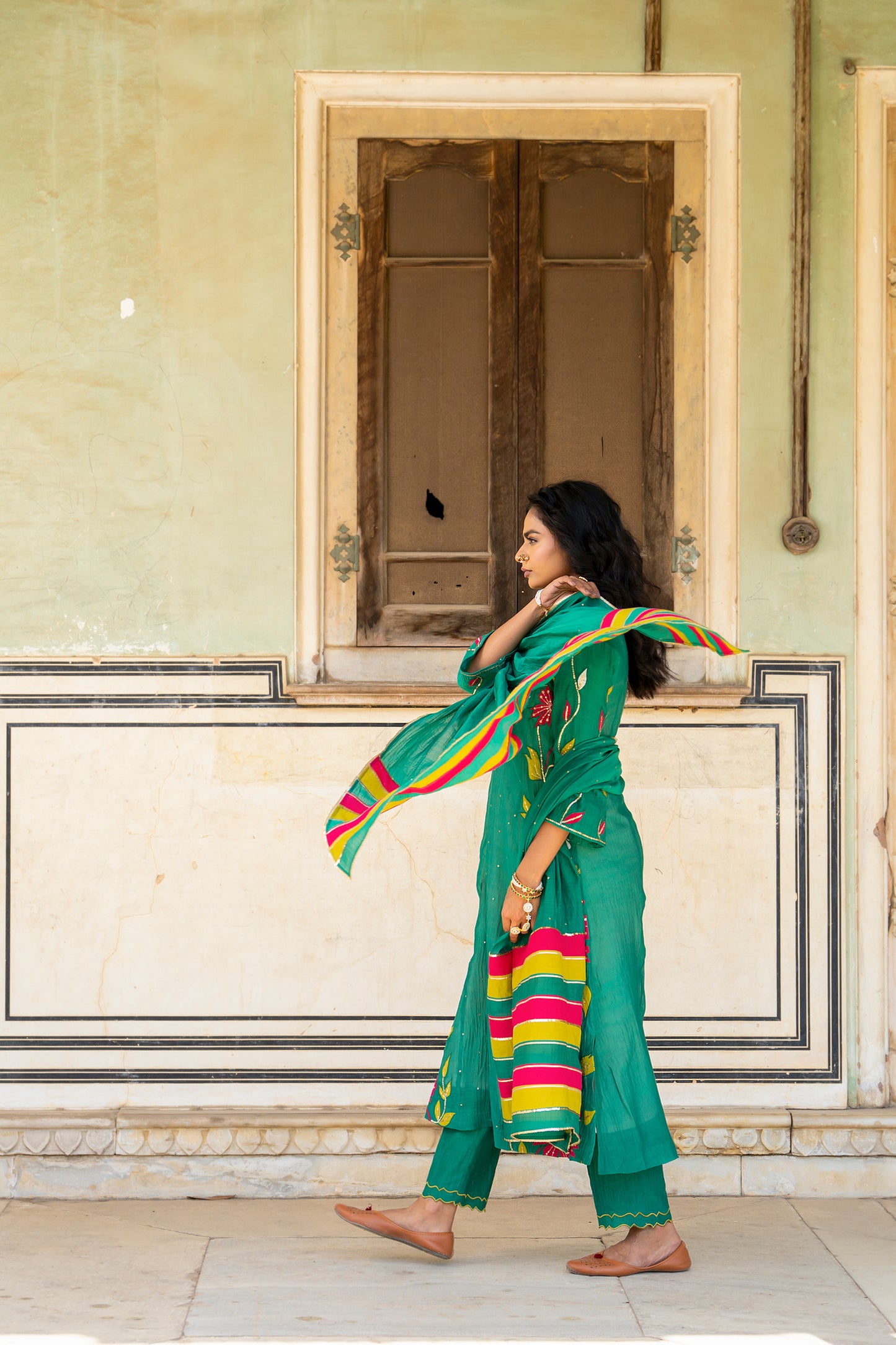 Green Mul Chanderi set with Applique work