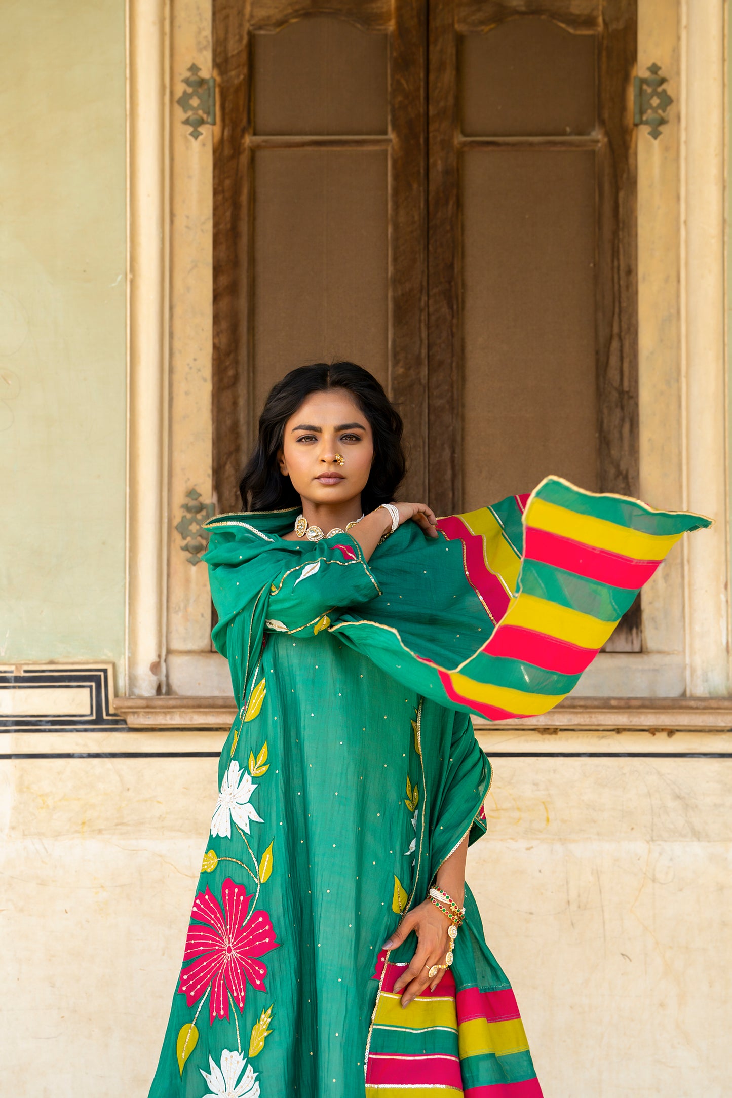 Green Mul Chanderi set with Applique work