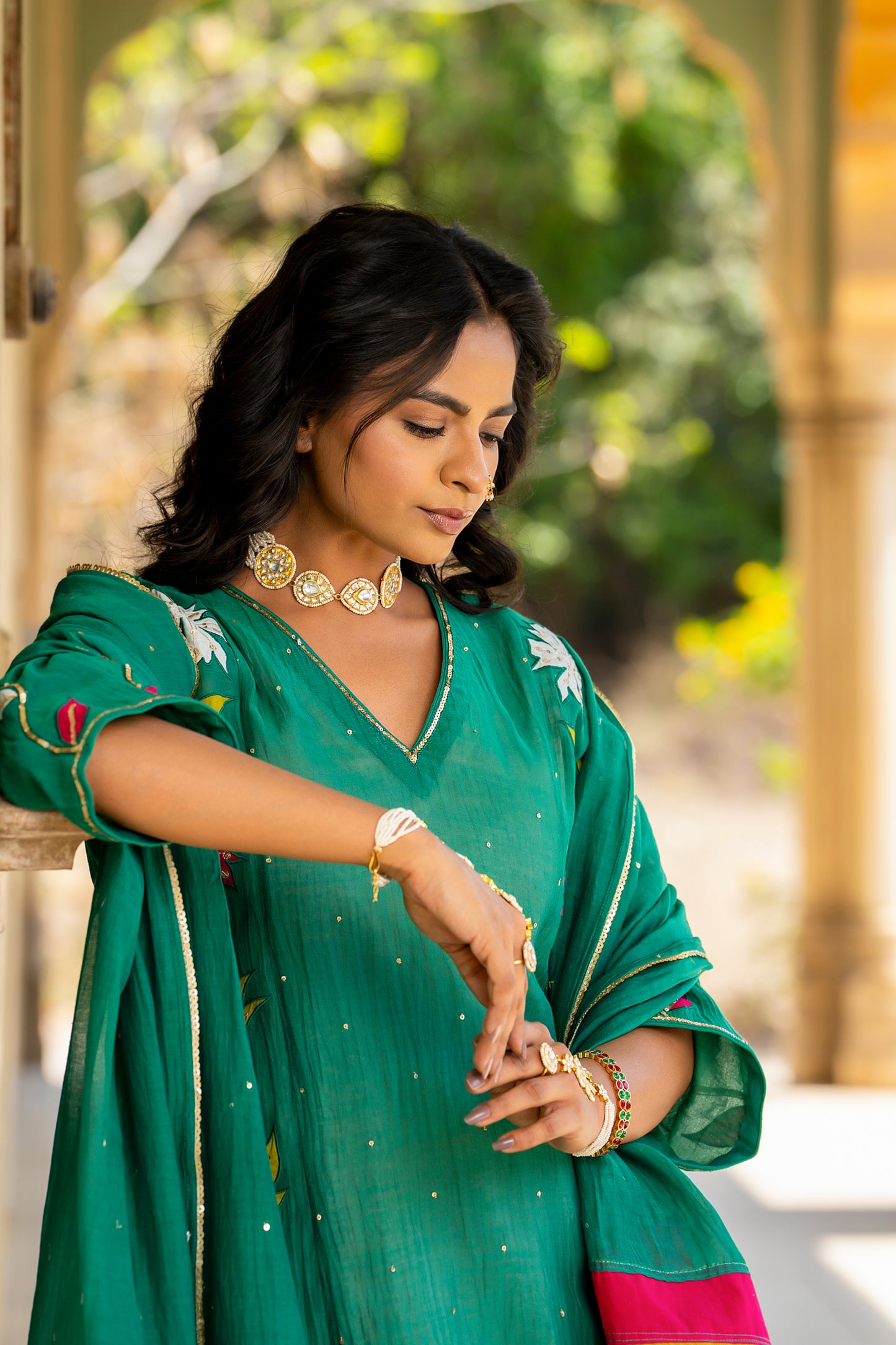 Green Mul Chanderi set with Applique work
