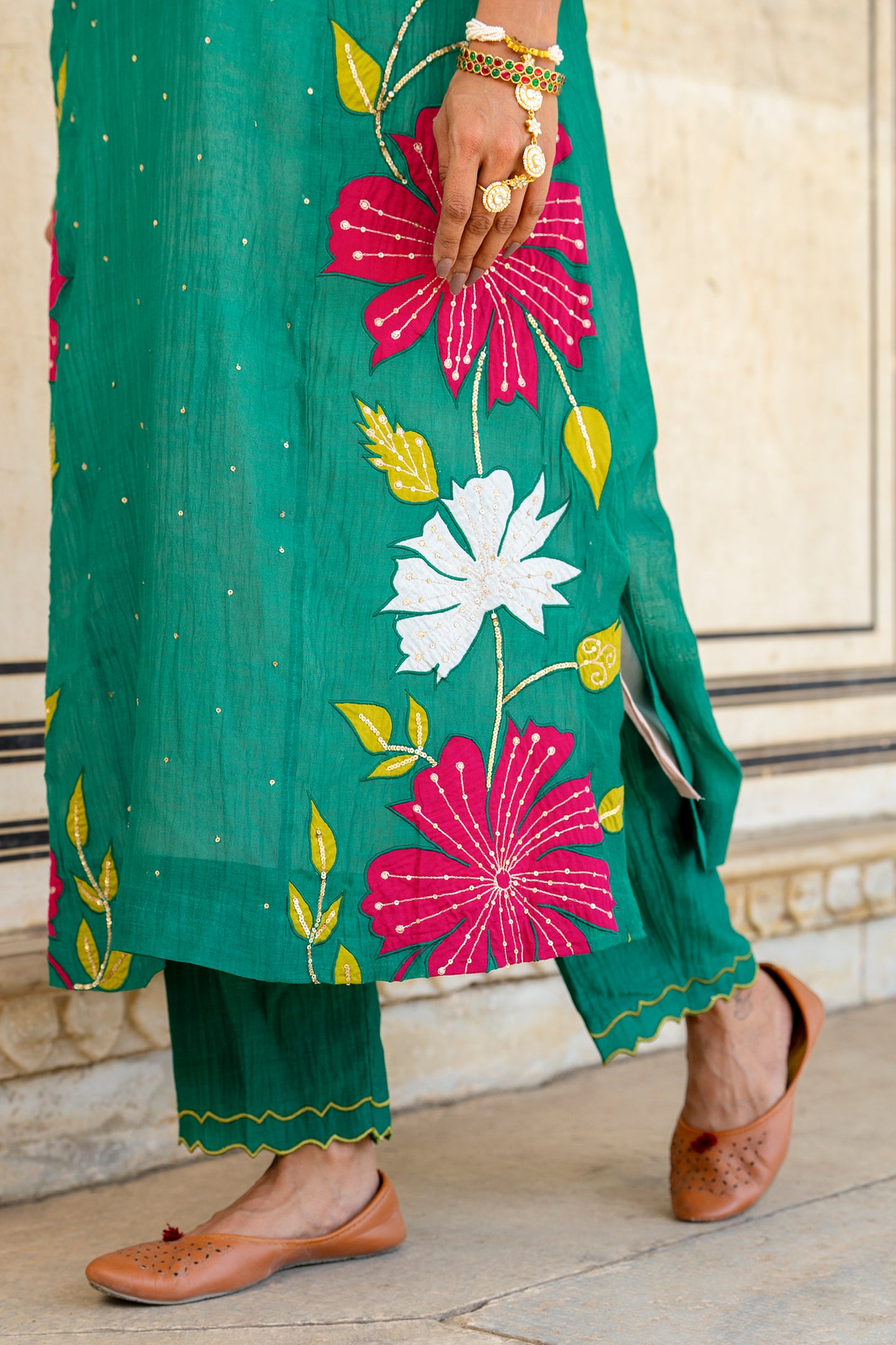 Green Mul Chanderi set with Applique work