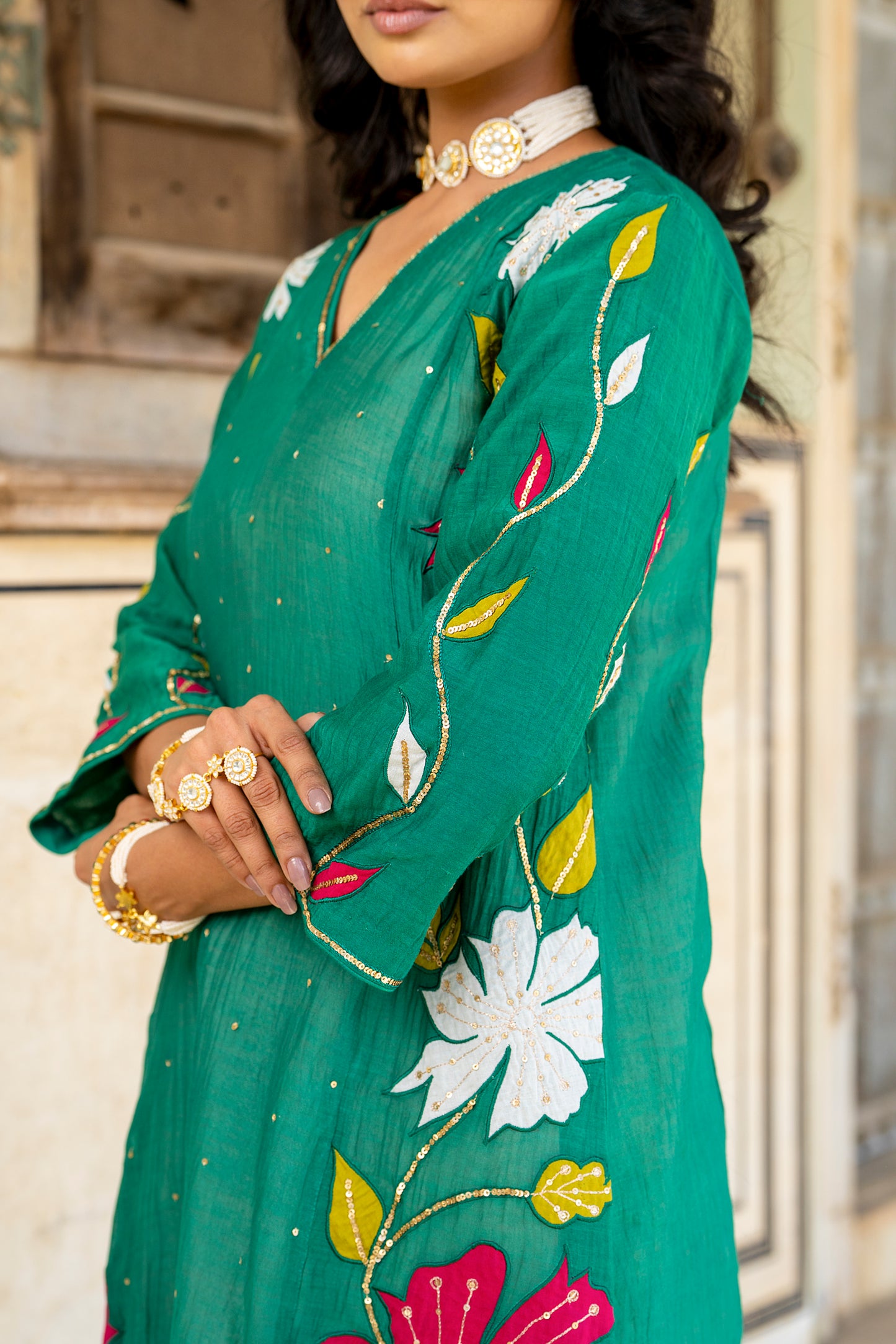 Green Mul Chanderi set with Applique work
