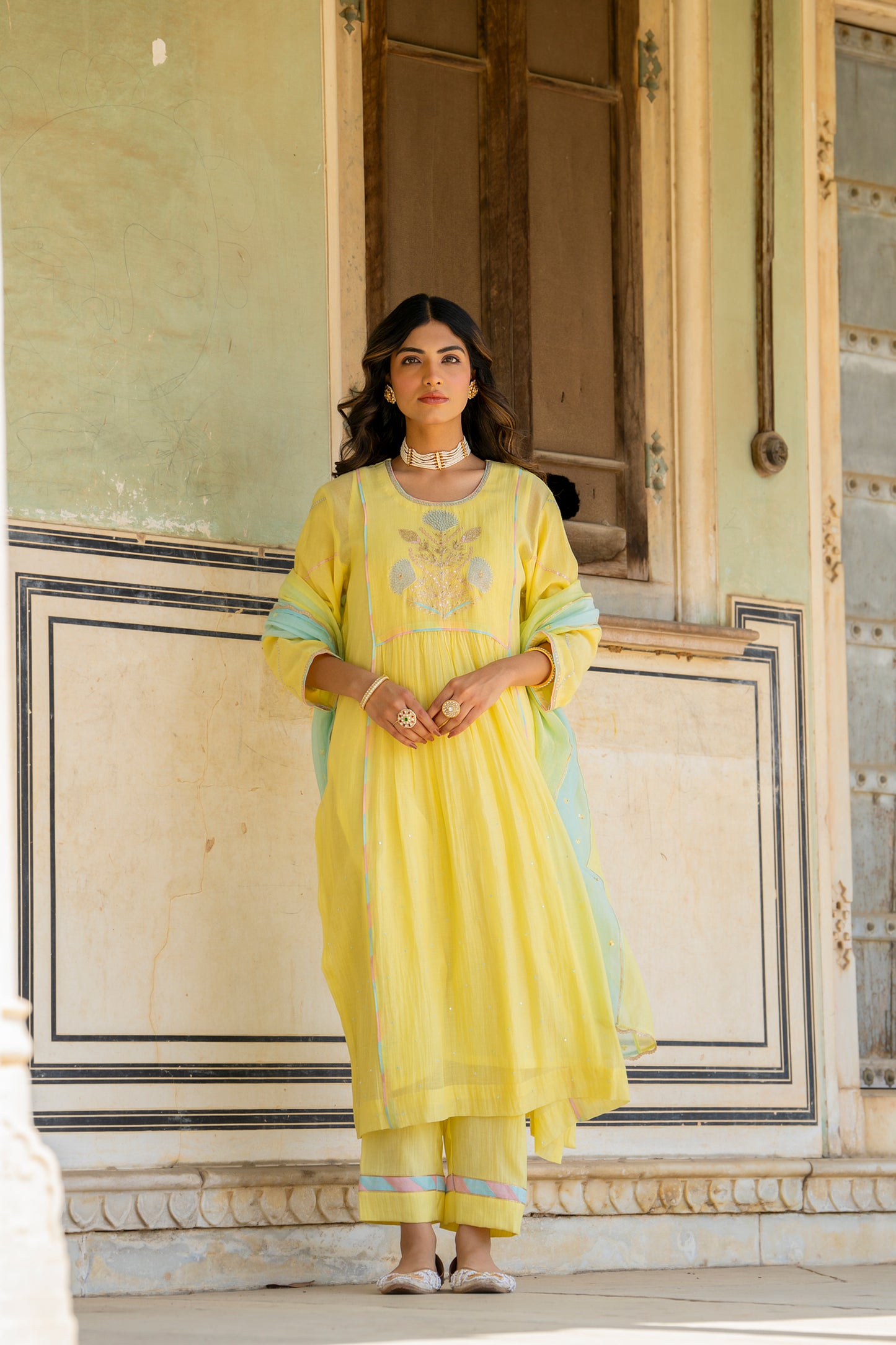 Yellow Mul Chanderi Kurta Set with Flower Motif Yoke