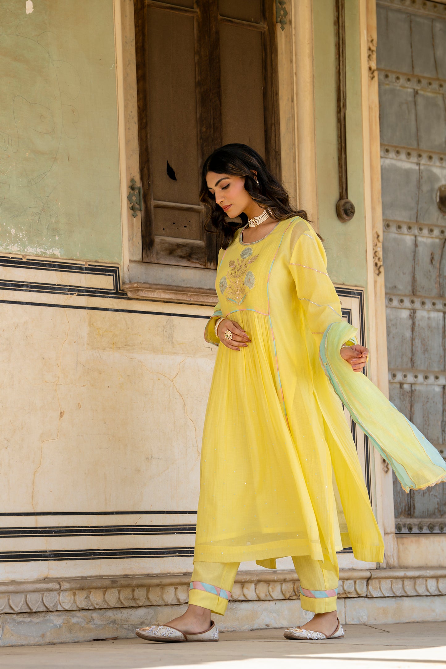 Yellow Mul Chanderi Kurta Set with Flower Motif Yoke