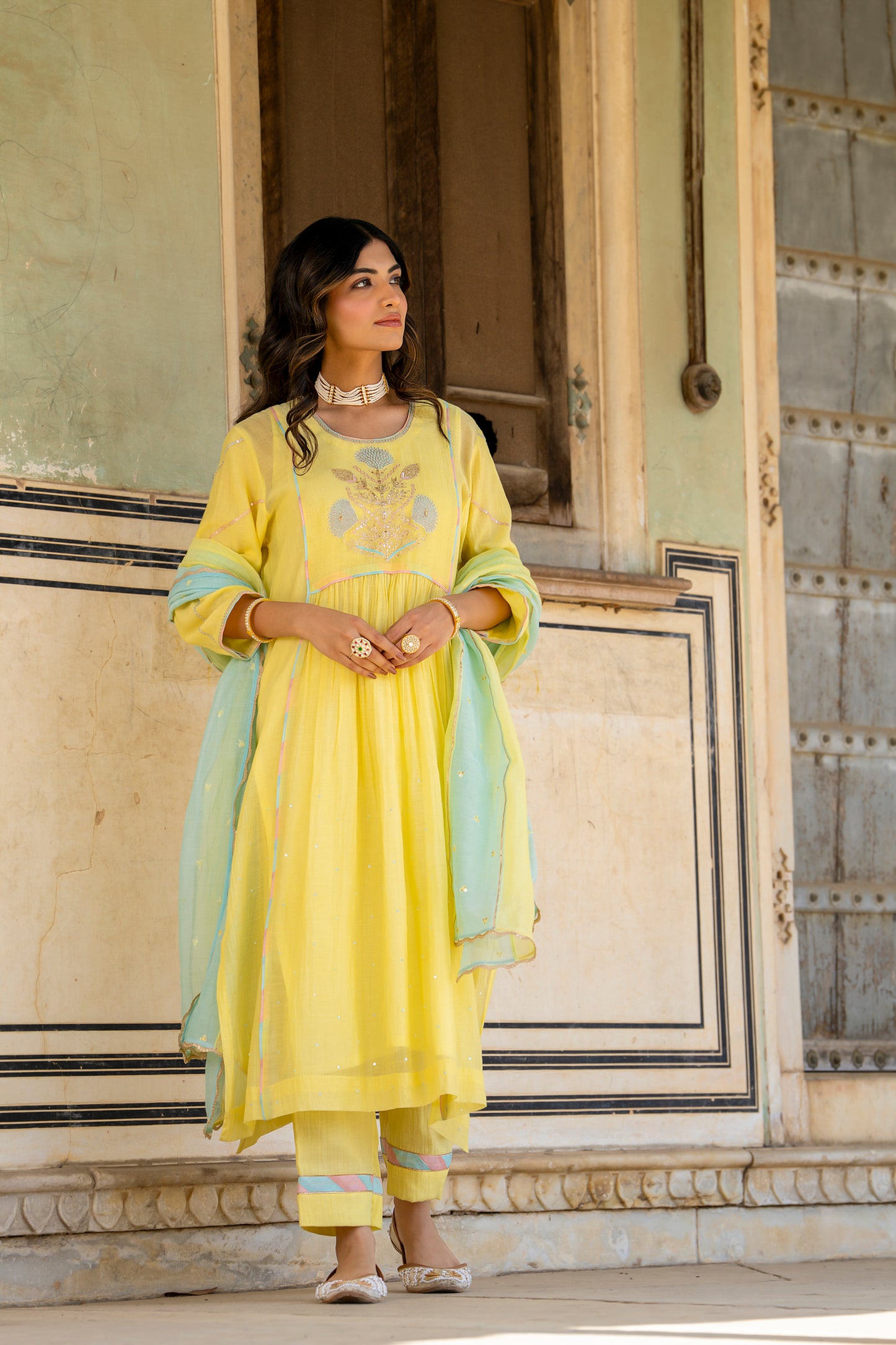Yellow Mul Chanderi Kurta Set with Flower Motif Yoke