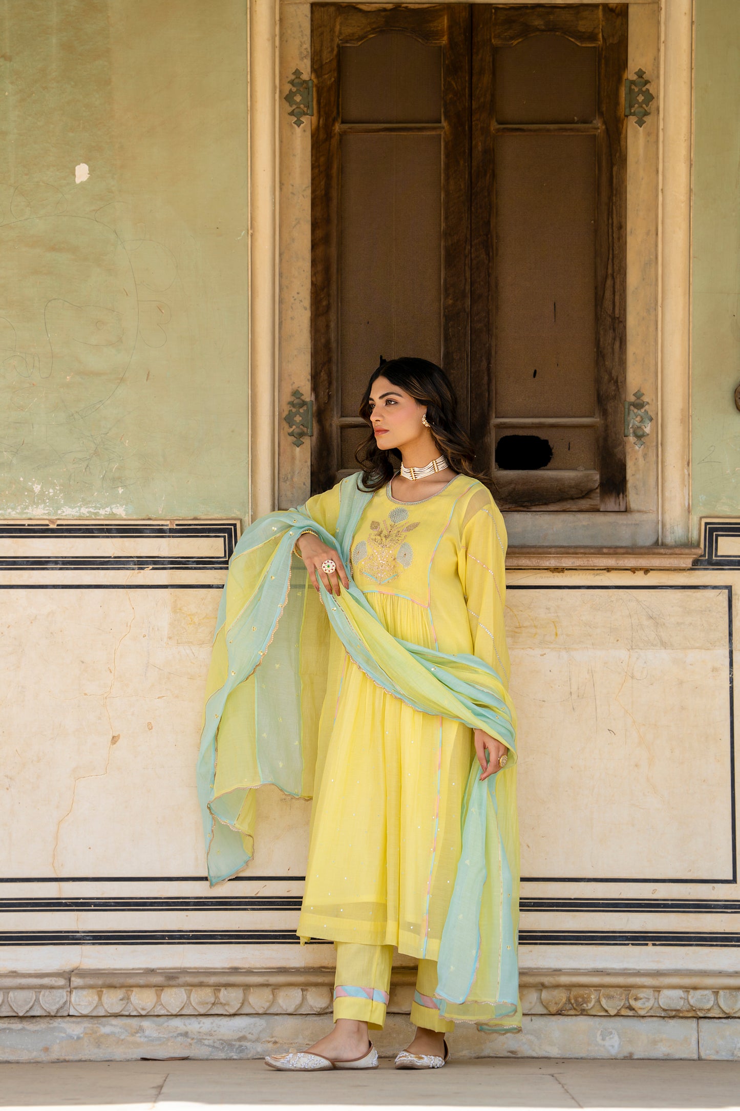 Yellow Mul Chanderi Kurta Set with Flower Motif Yoke