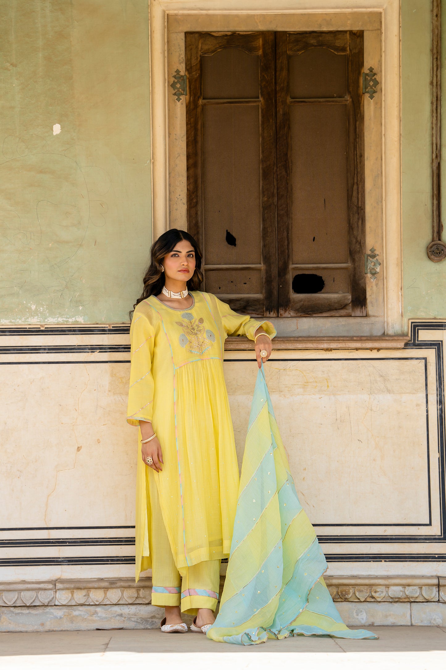 Yellow Mul Chanderi Kurta Set with Flower Motif Yoke
