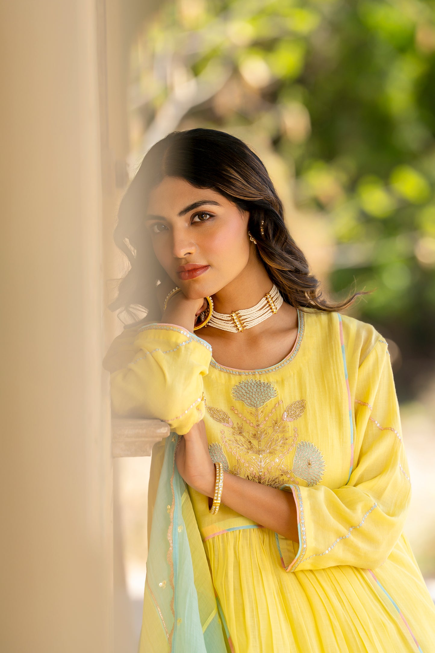 Yellow Mul Chanderi Kurta Set with Flower Motif Yoke