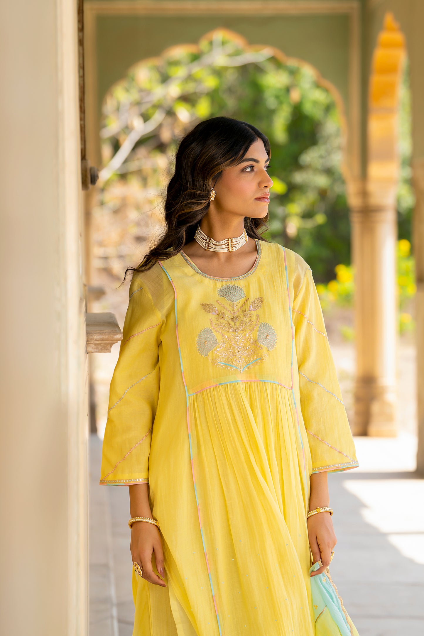 Yellow Mul Chanderi Kurta Set with Flower Motif Yoke