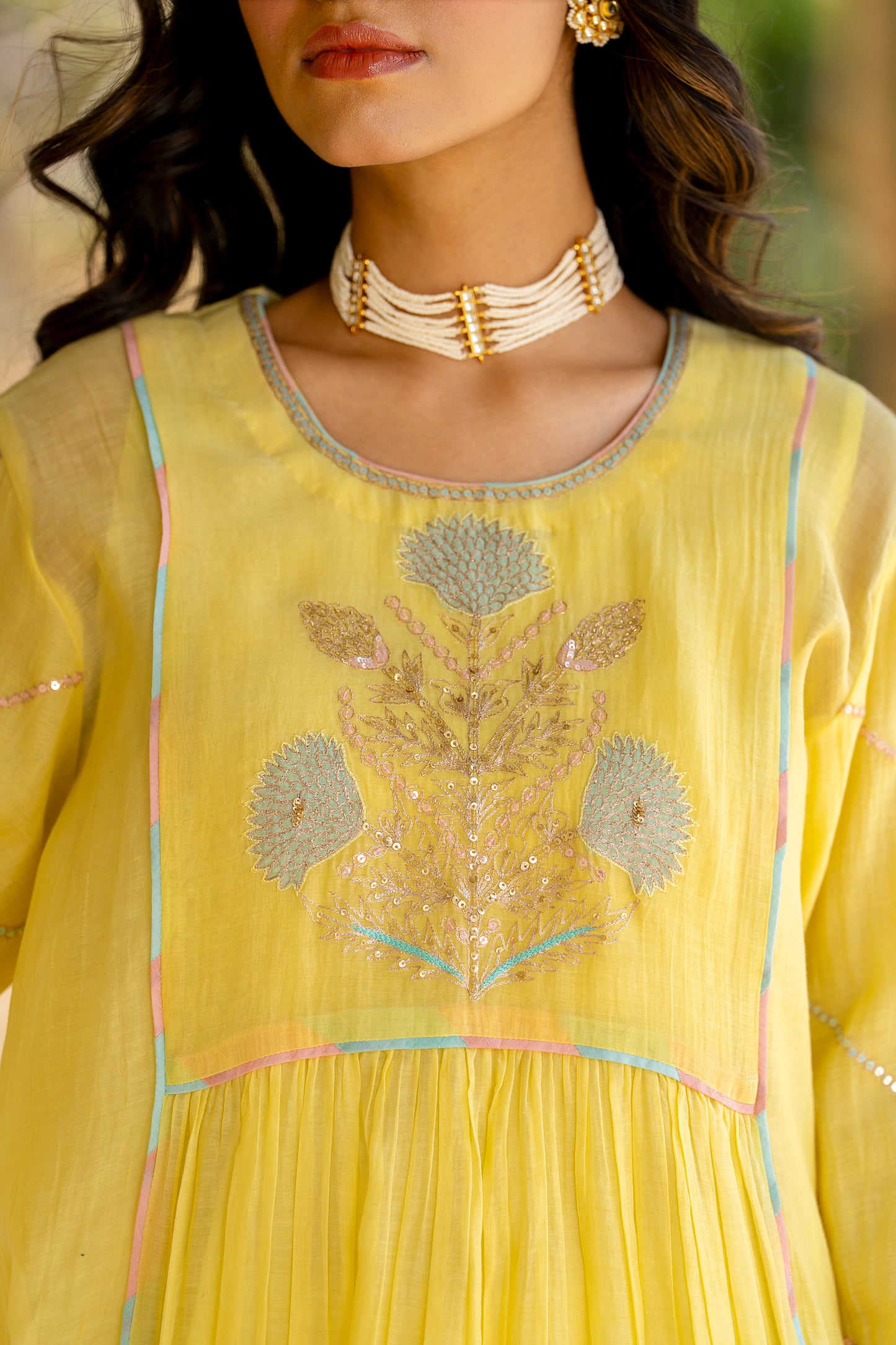 Yellow Mul Chanderi Kurta Set with Flower Motif Yoke