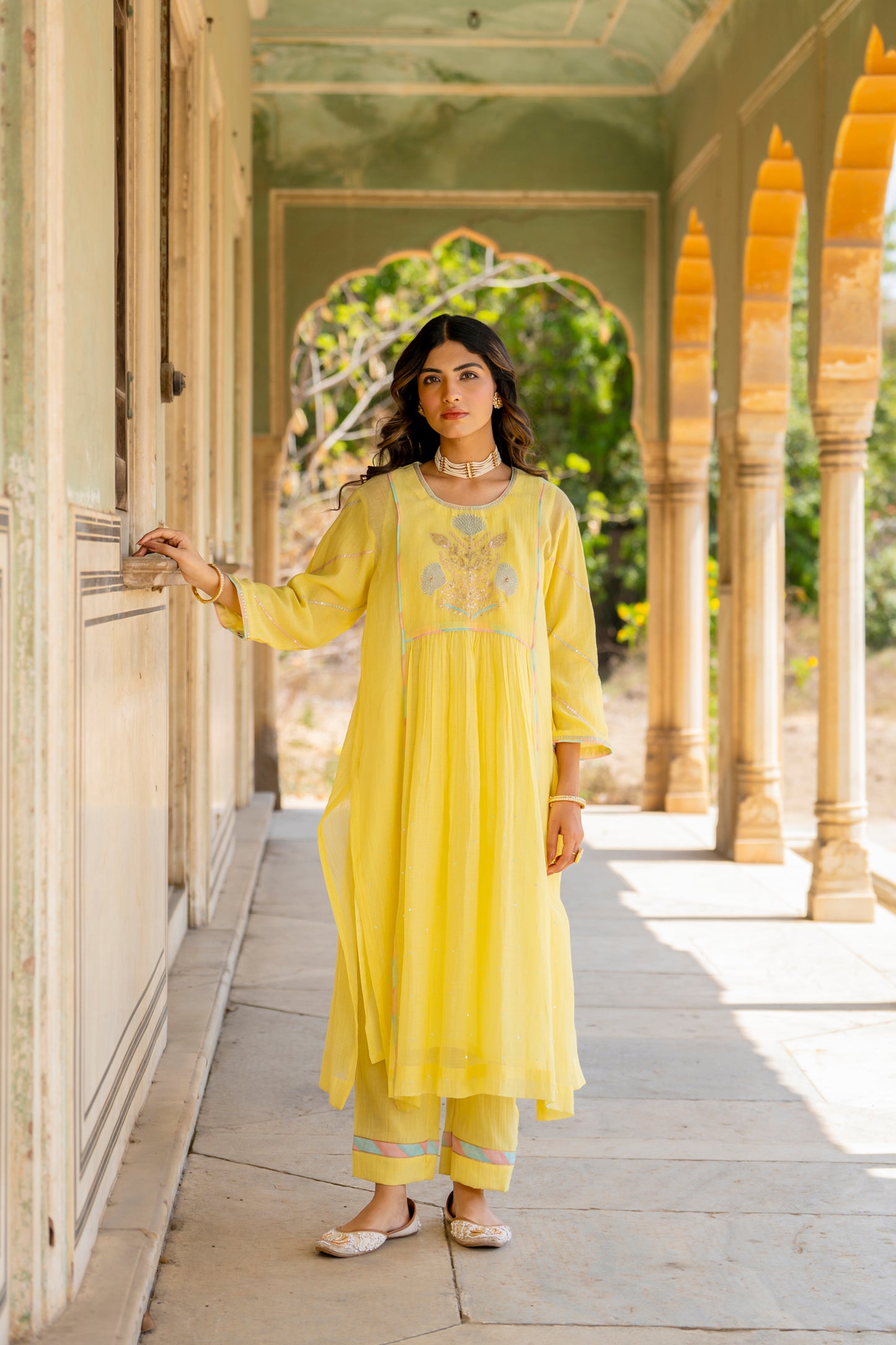 Yellow Mul Chanderi Kurta Set with Flower Motif Yoke