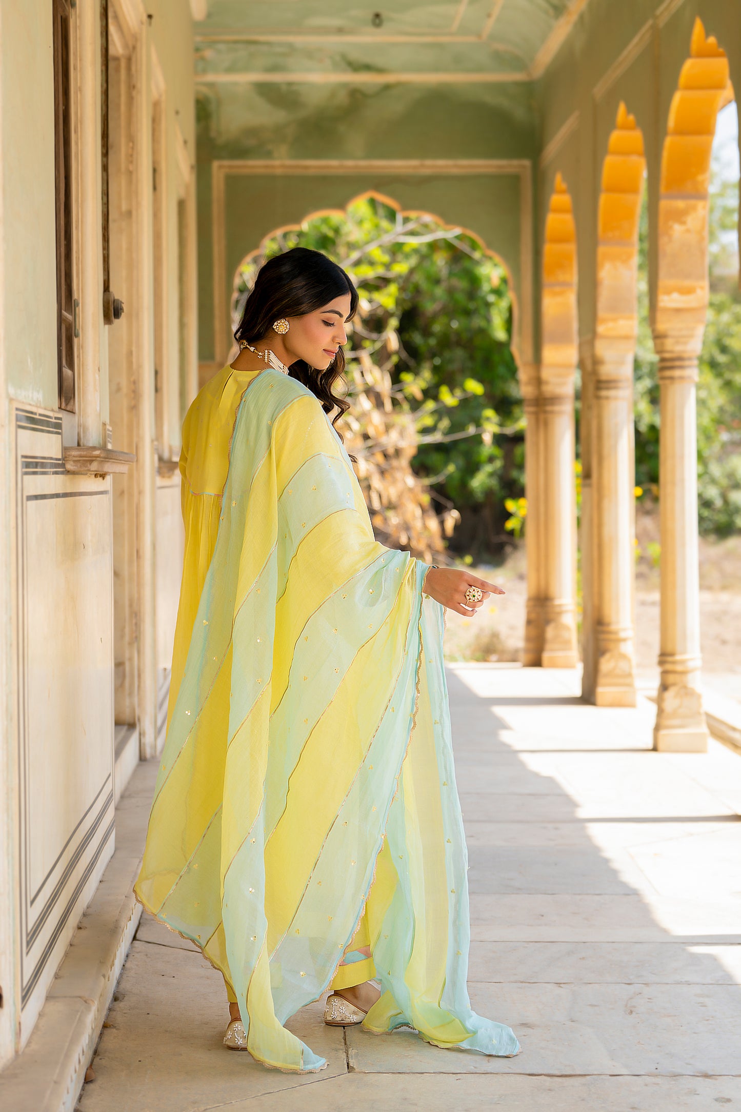 Yellow Mul Chanderi Kurta Set with Flower Motif Yoke
