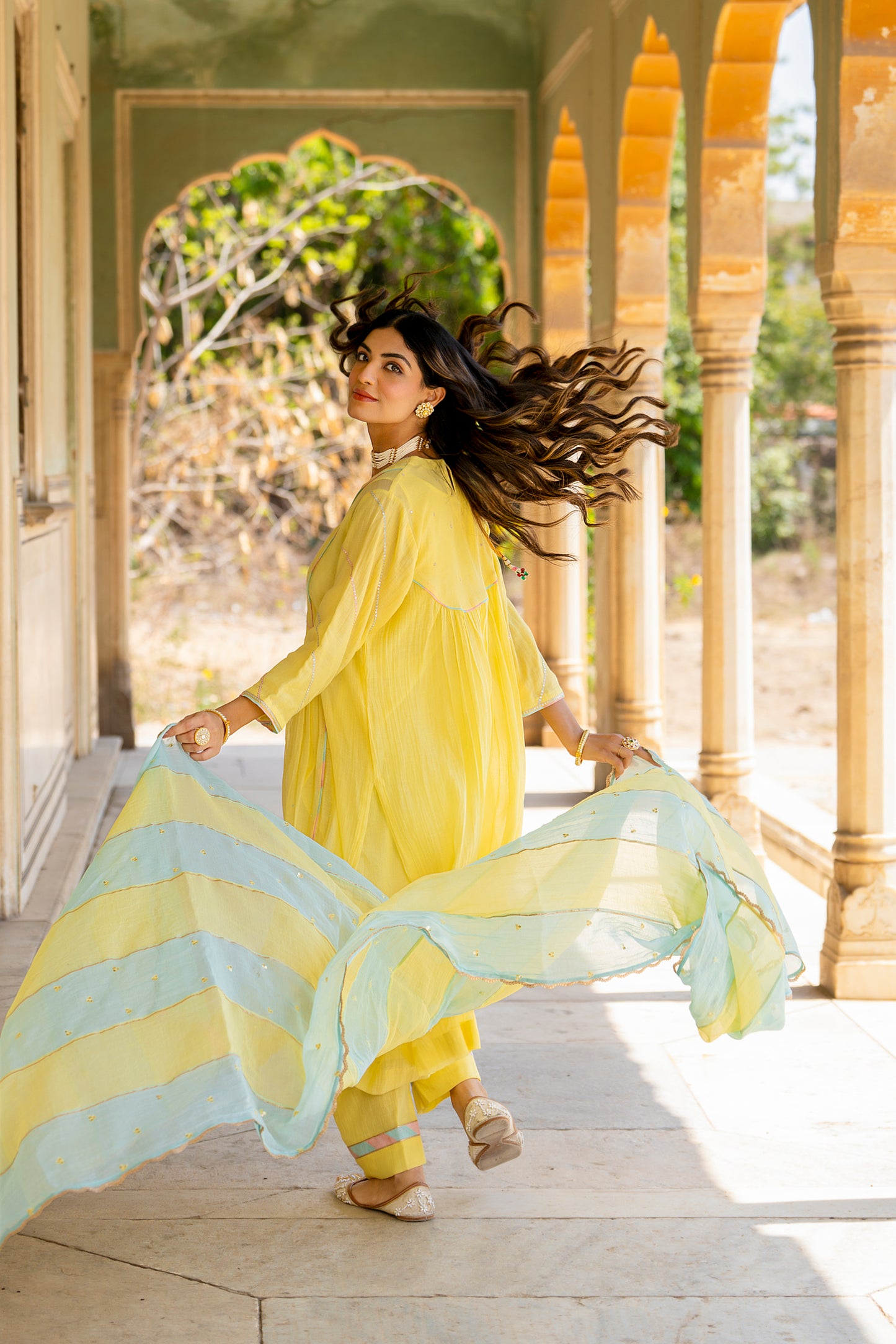 Yellow Mul Chanderi Kurta Set with Flower Motif Yoke