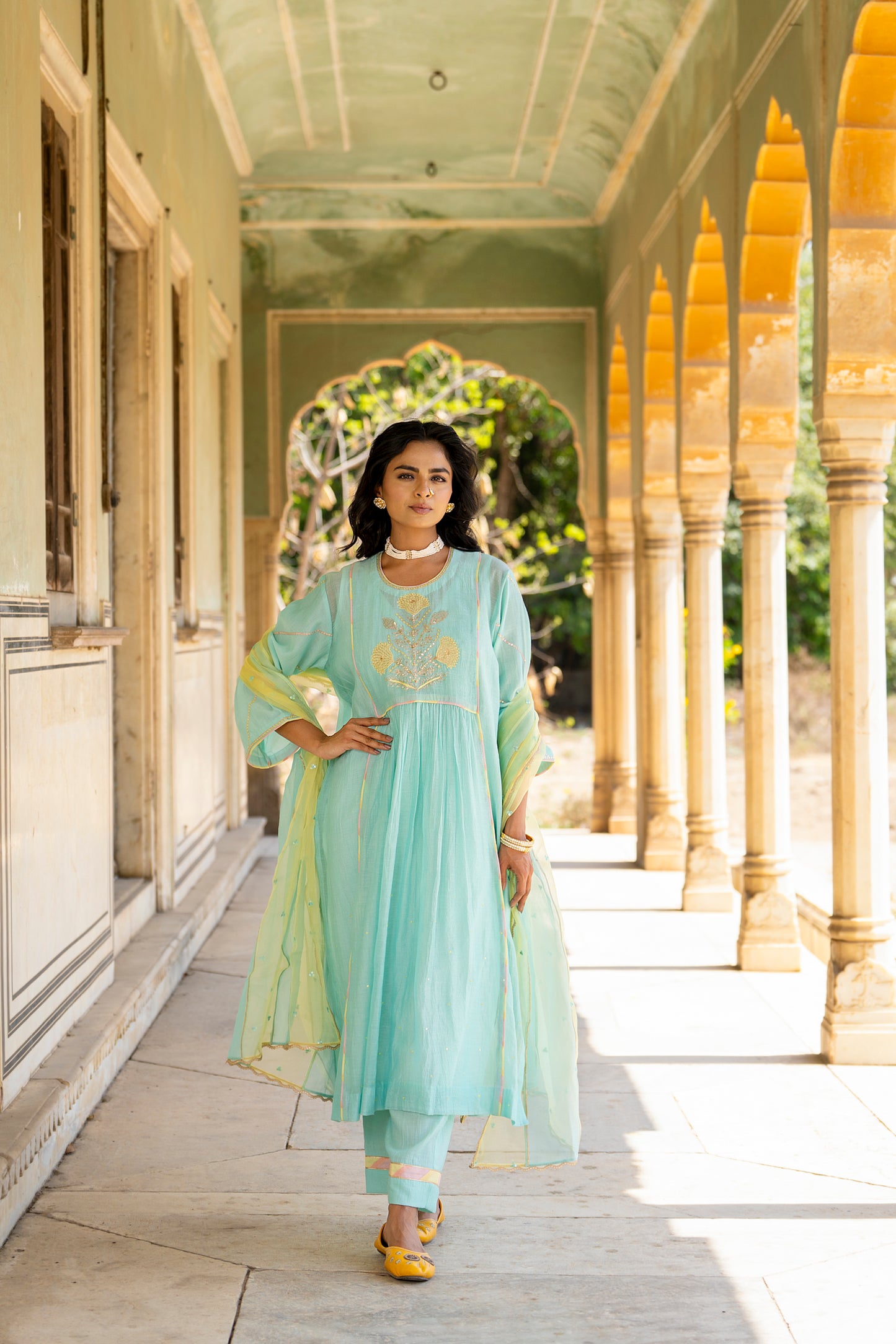 Light blue Mul Chanderi Kurta Set with Flower Motif Yoke